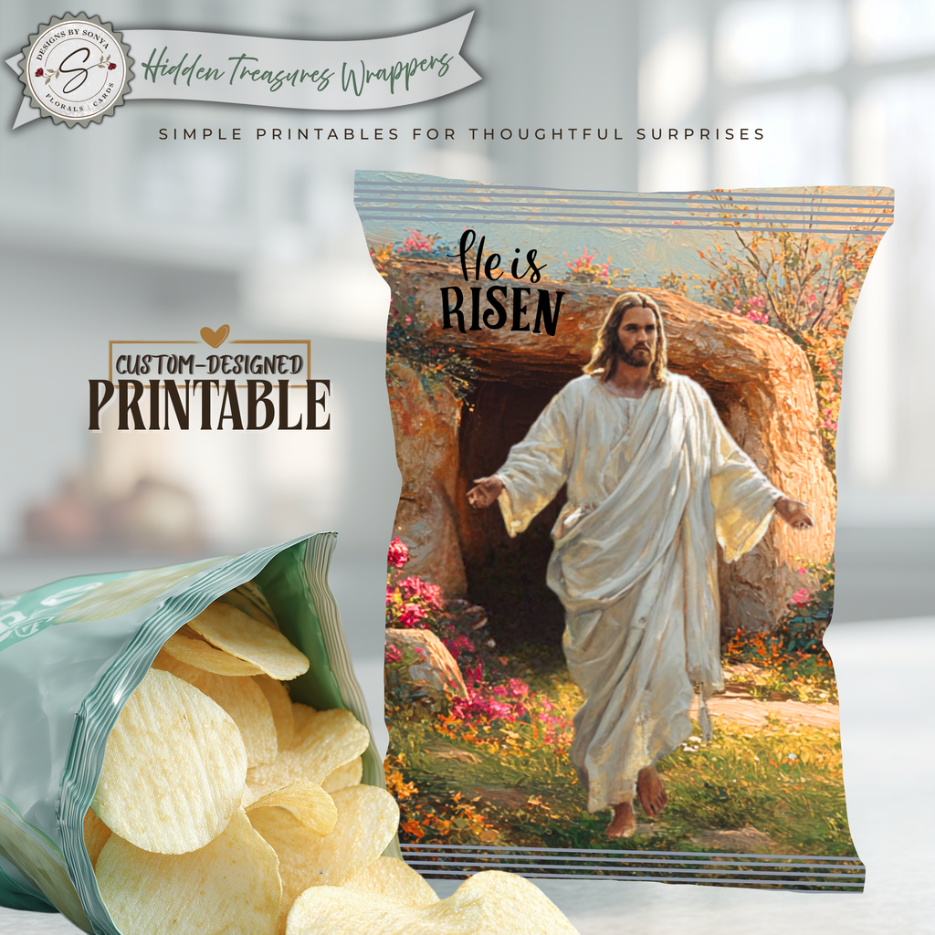 He Is Risen Printable Chip Bag Wrapper – Christian Easter Basket Treat, Resurrection Faith Gift, Religious Church Party Favor