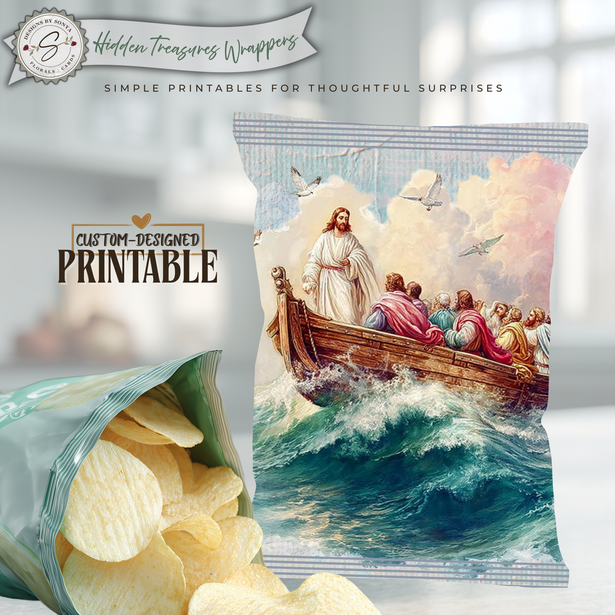 Religious Easter Basket Treat, Jesus Teaching from the Boat Printable Chip Bag Wrapper – Christian Church Party Favor,  Faith Gift