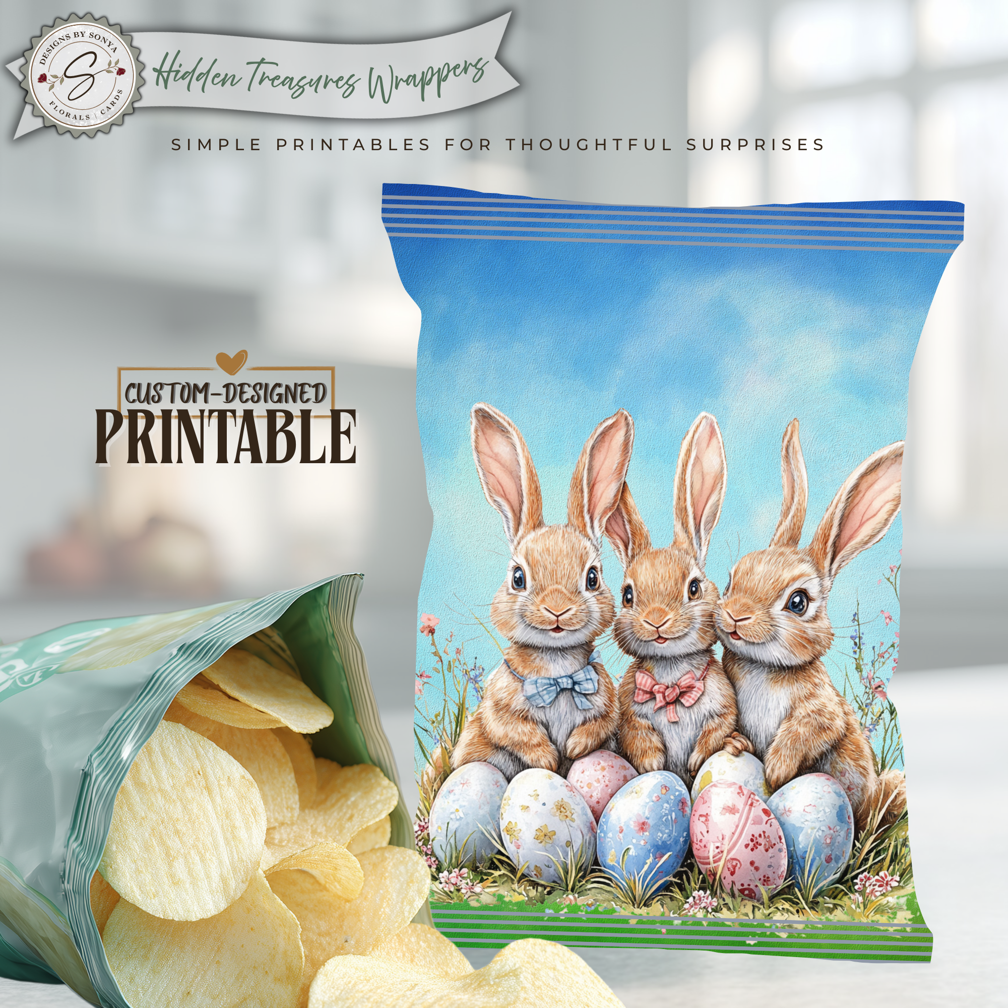 Easter Bunny Chip Bag Wrapper Printable, Rabbit Watercolor DIY Basket Gift, Classroom Party Favor, Teacher & Kids Easter Treat