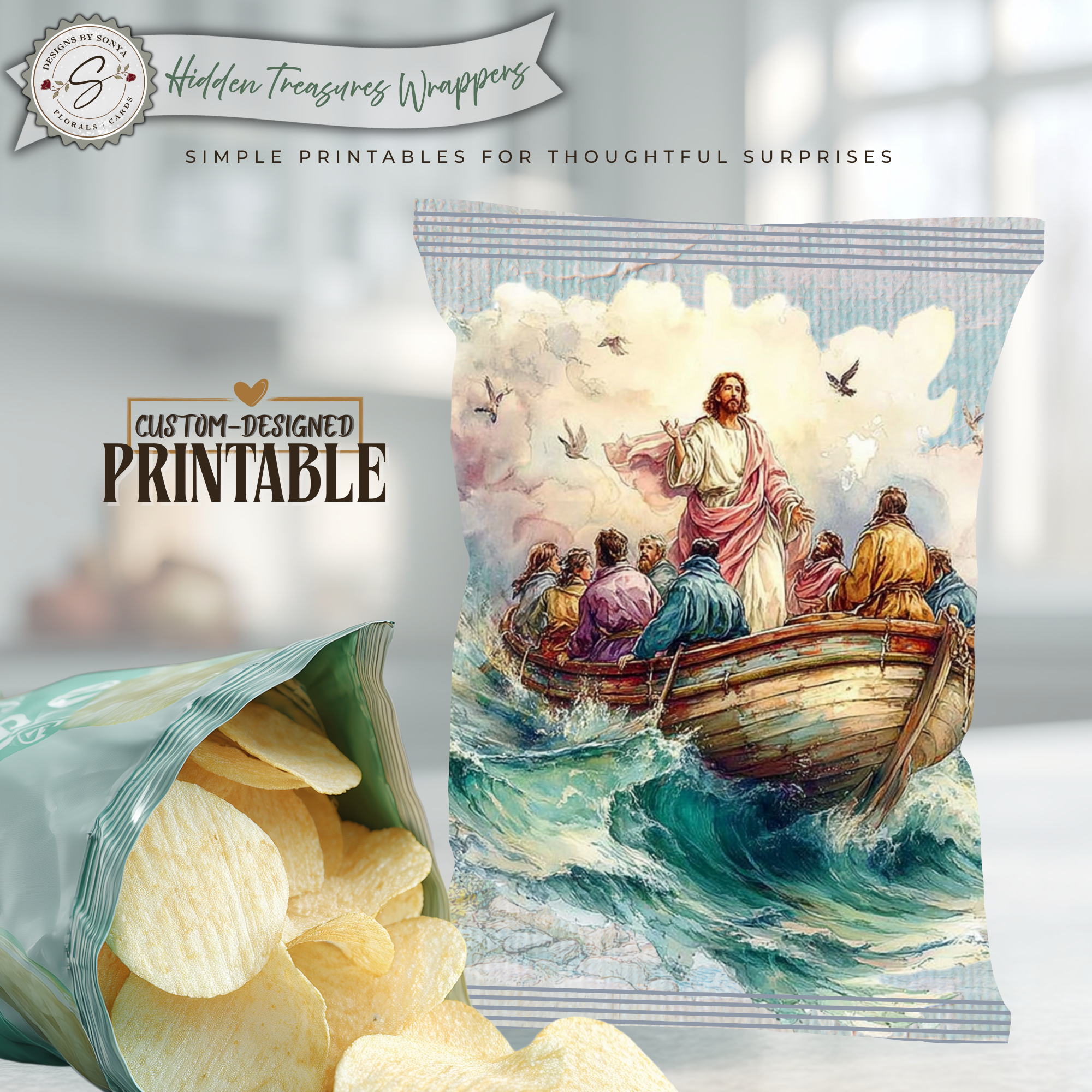 Christian Easter Basket Treat, Jesus Teaching from the Boat Printable Chip Bag Wrapper –  Faith Gift, Religious Church Party Favor