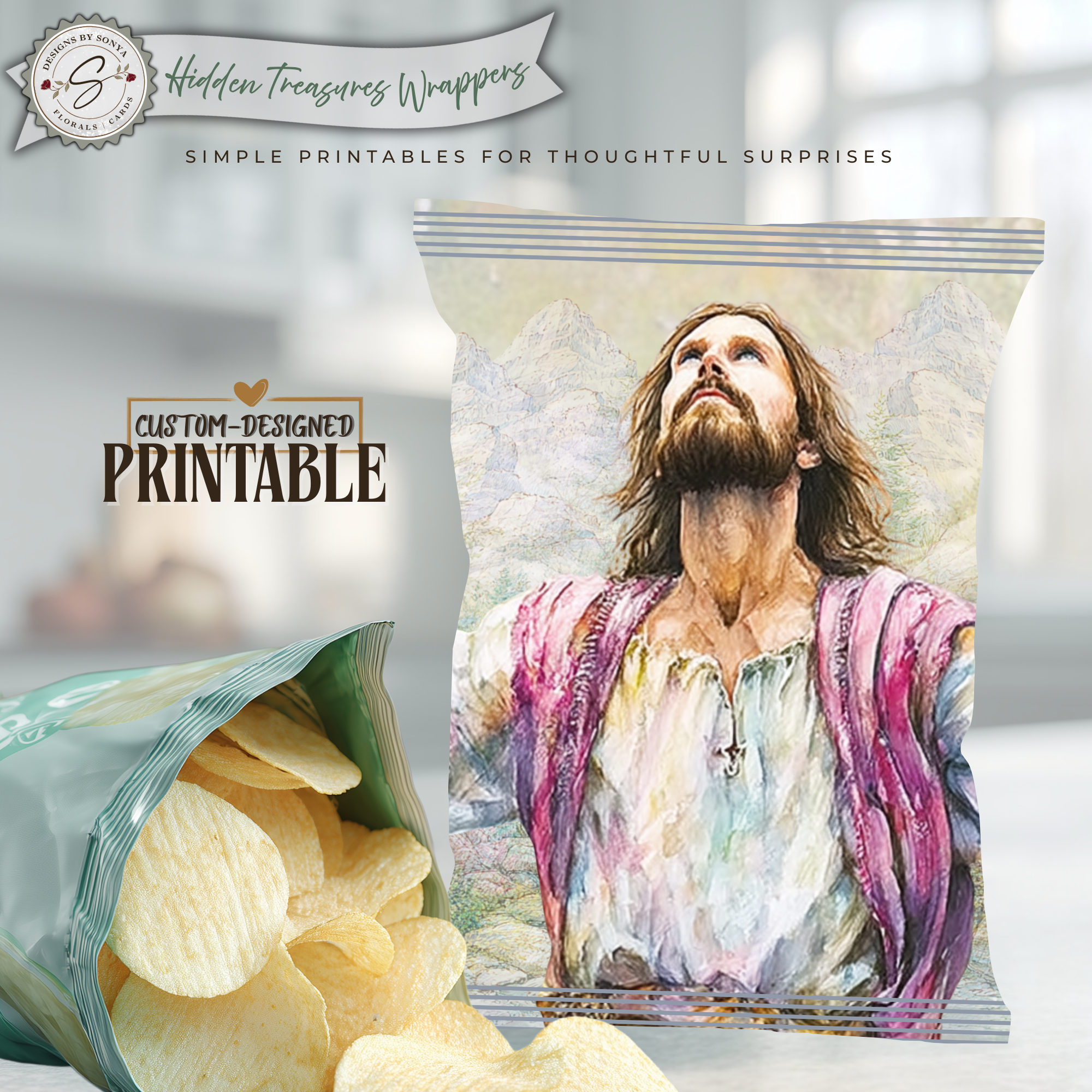 Jesus Looking Up Printable Chip Bag Wrapper – Christian Easter Basket Treat, Faith Gift Party Favor, Religious Snack Wrap
