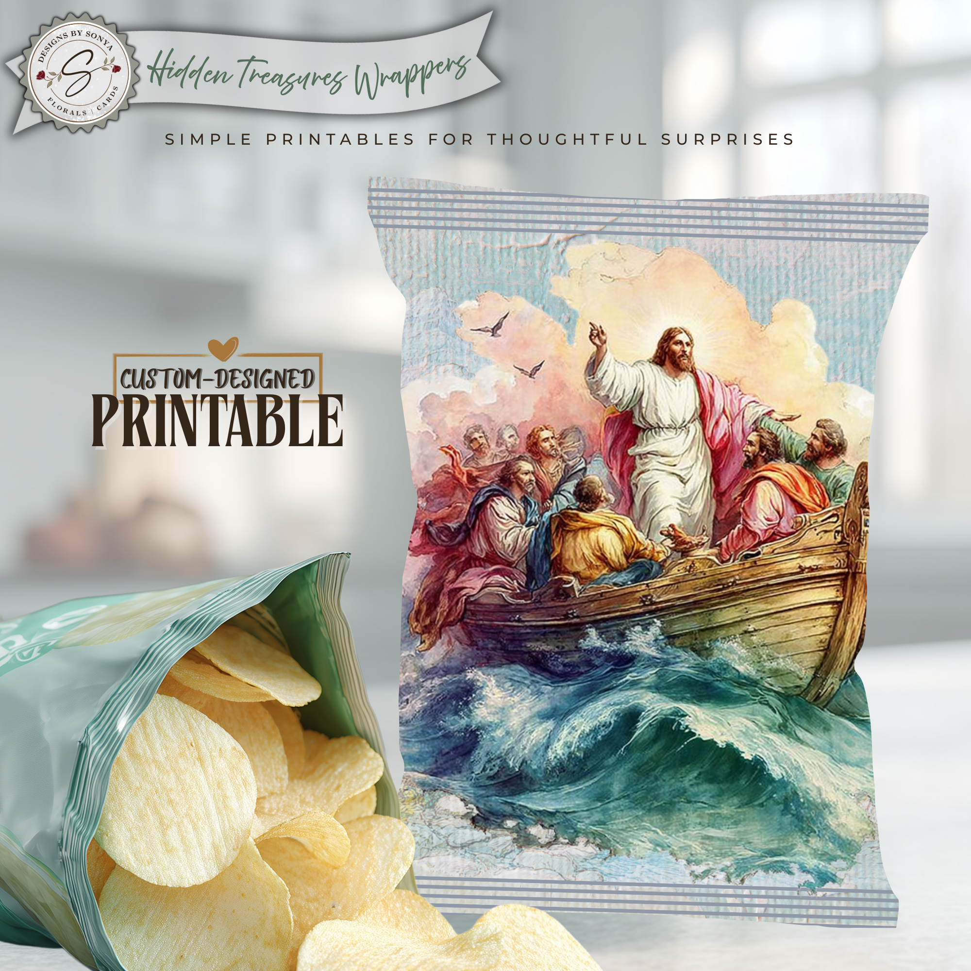 Jesus Calms the Storm Printable Chip Bag Wrapper – Christian Easter Basket Treat, Resurrection Faith Gift, Religious Church Party Favor