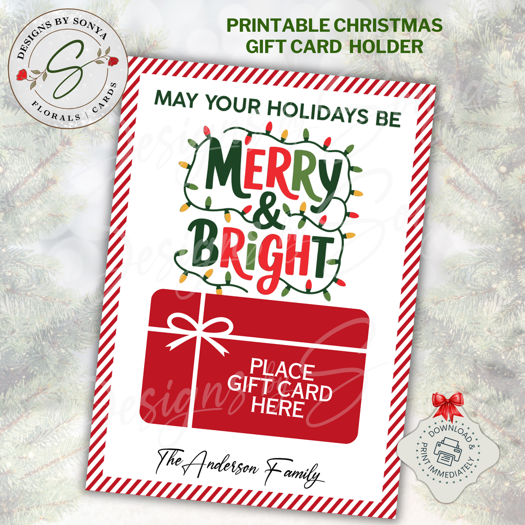 Merry & Bright Printable Gift Card Holder
Festive printable Christmas gift card holder with “Merry & Bright” text, red gift box space, and candy cane border. Perfect for holiday gifting.
