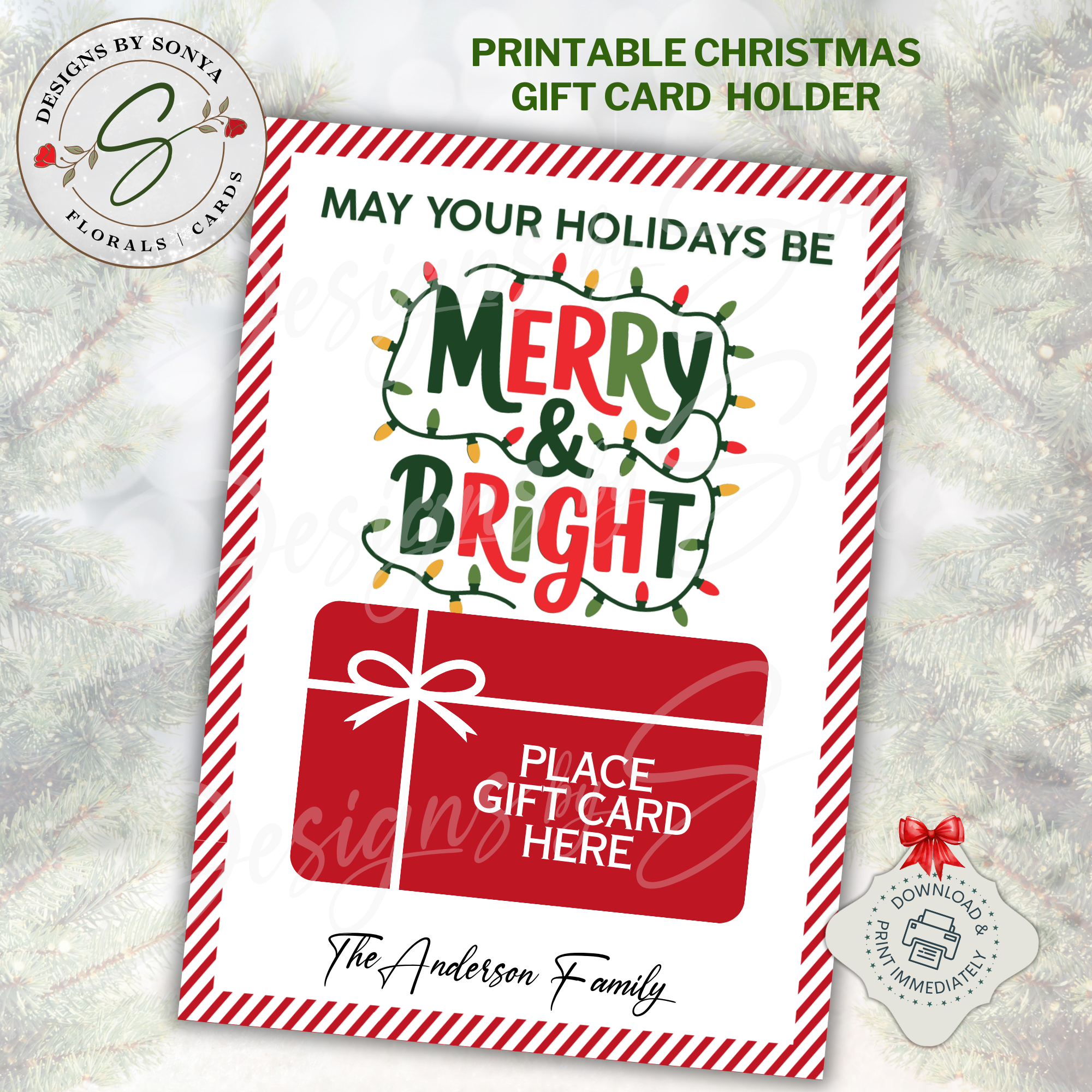 Merry & Bright Printable Gift Card Holder
Festive printable Christmas gift card holder with “Merry & Bright” text, red gift box space, and candy cane border. Perfect for holiday gifting.