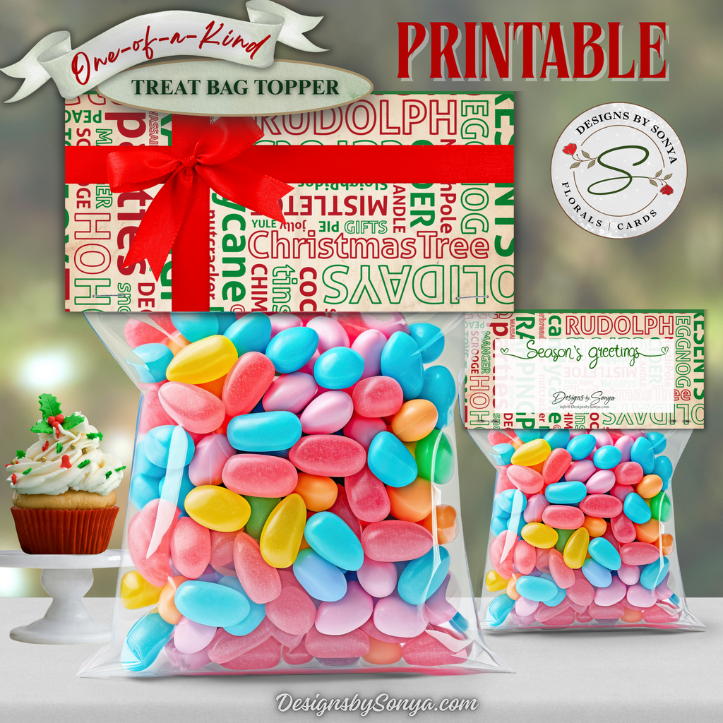 Front & Back Topper Mockup
Printable Season’s Greetings treat bag topper with red bow design, shown on candy-filled bag, festive background, clear display of both sides.