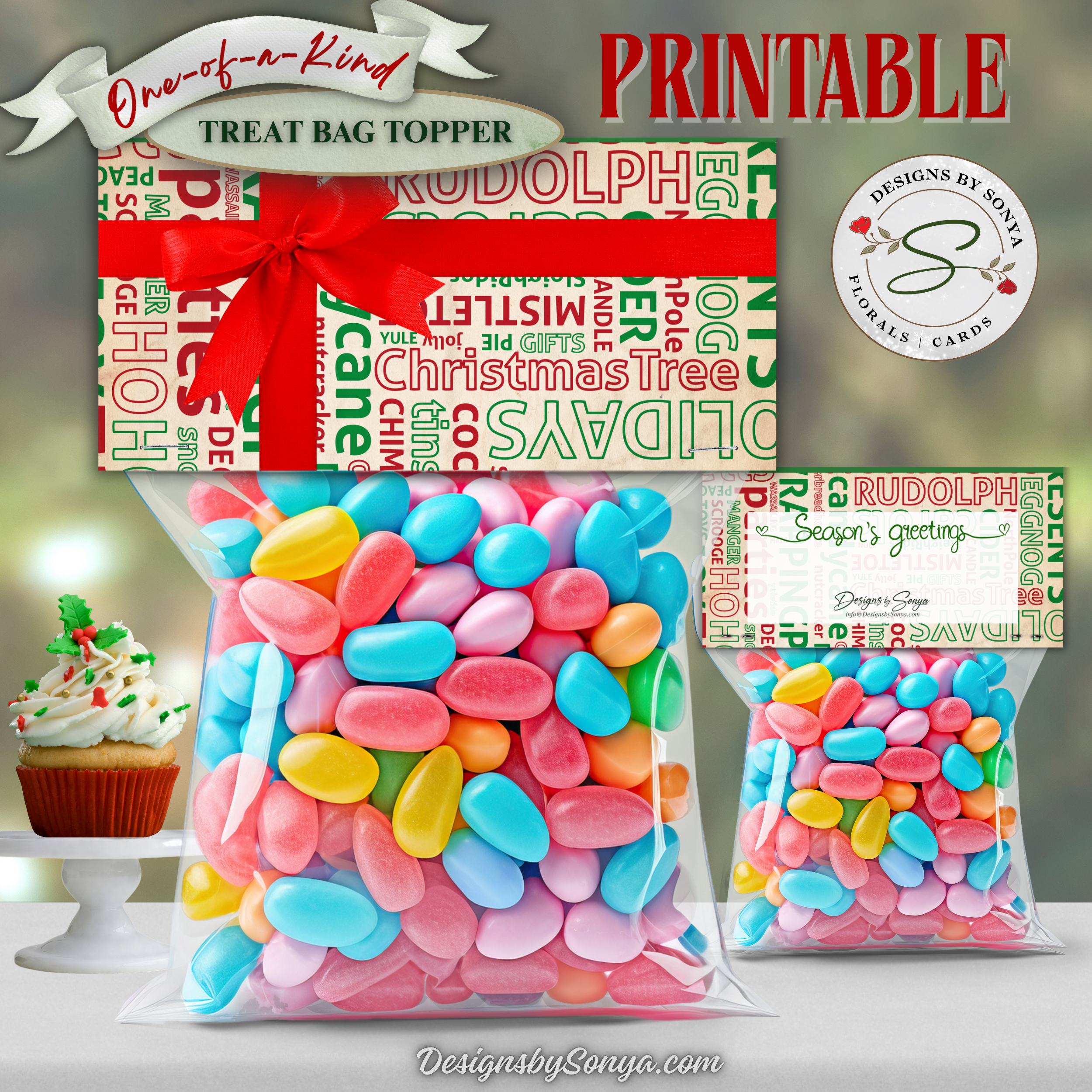 Front & Back Topper Mockup
Printable Season’s Greetings treat bag topper with red bow design, shown on candy-filled bag, festive background, clear display of both sides.