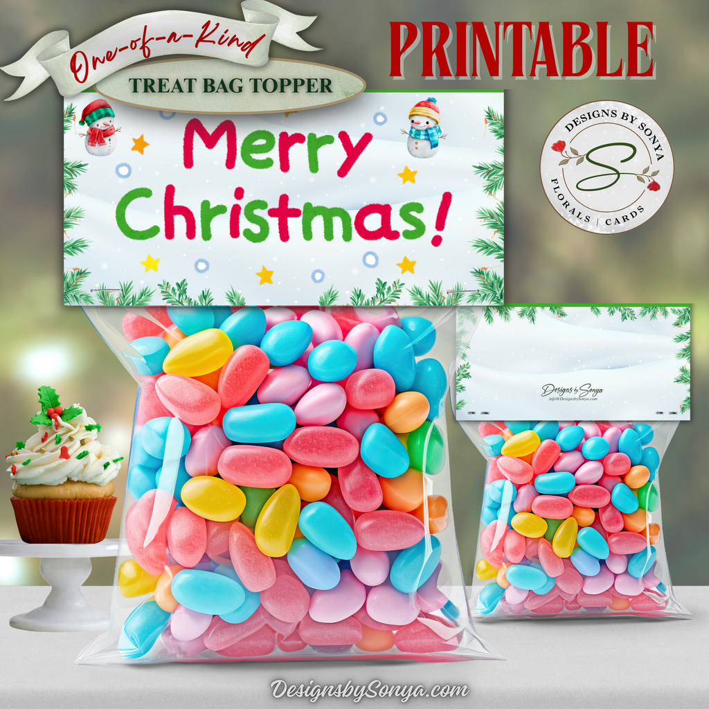 Merry Christmas Snowy Pine 4x2 Topper
High-resolution mockup of a printable Merry Christmas treat bag topper with snowy white background, evergreen border, and playful accents; front reads “Merry Christmas!”; back shows coordinating snowy design; displayed on a 4x4 resealable snack bag filled with colorful candy; DIY 4x2 topper, instant download.