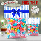 One-of-a-Kind Treat Bag Topper Front & Back
Blue snowflake stripe topper with royal bow shown front and back; printable favor topper for Christmas candy, cookies, or small gifts; instant download, 4x2 after folding.