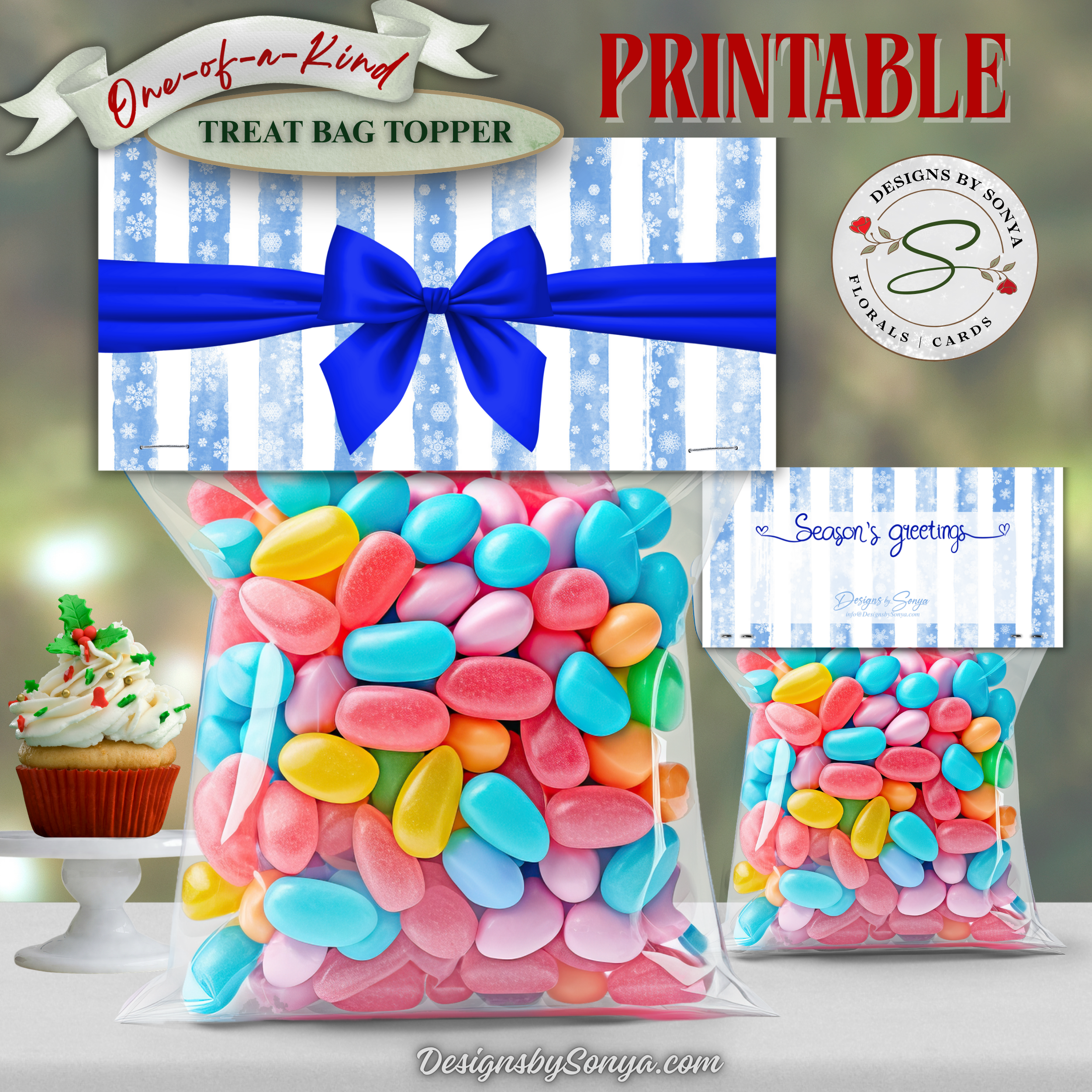 One-of-a-Kind Treat Bag Topper Front & Back
Blue snowflake stripe topper with royal bow shown front and back; printable favor topper for Christmas candy, cookies, or small gifts; instant download, 4x2 after folding.