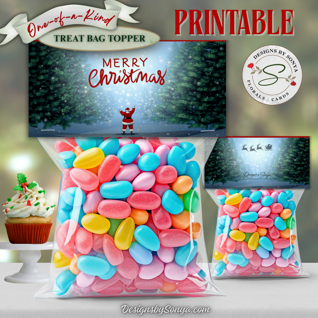 One-of-a-Kind Treat Bag Topper Front & Back
Christmas printable treat bag topper featuring Santa in a sleigh with a reindeer in a snowy winter scene. The 4x2 inch topper folds over bag tops for festive candy or cookie favors.