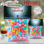 One-of-a-Kind Treat Bag Topper Front & Back
Christmas printable treat bag topper featuring Santa in a sleigh with a reindeer in a snowy winter scene. The 4x2 inch topper folds over bag tops for festive candy or cookie favors.
