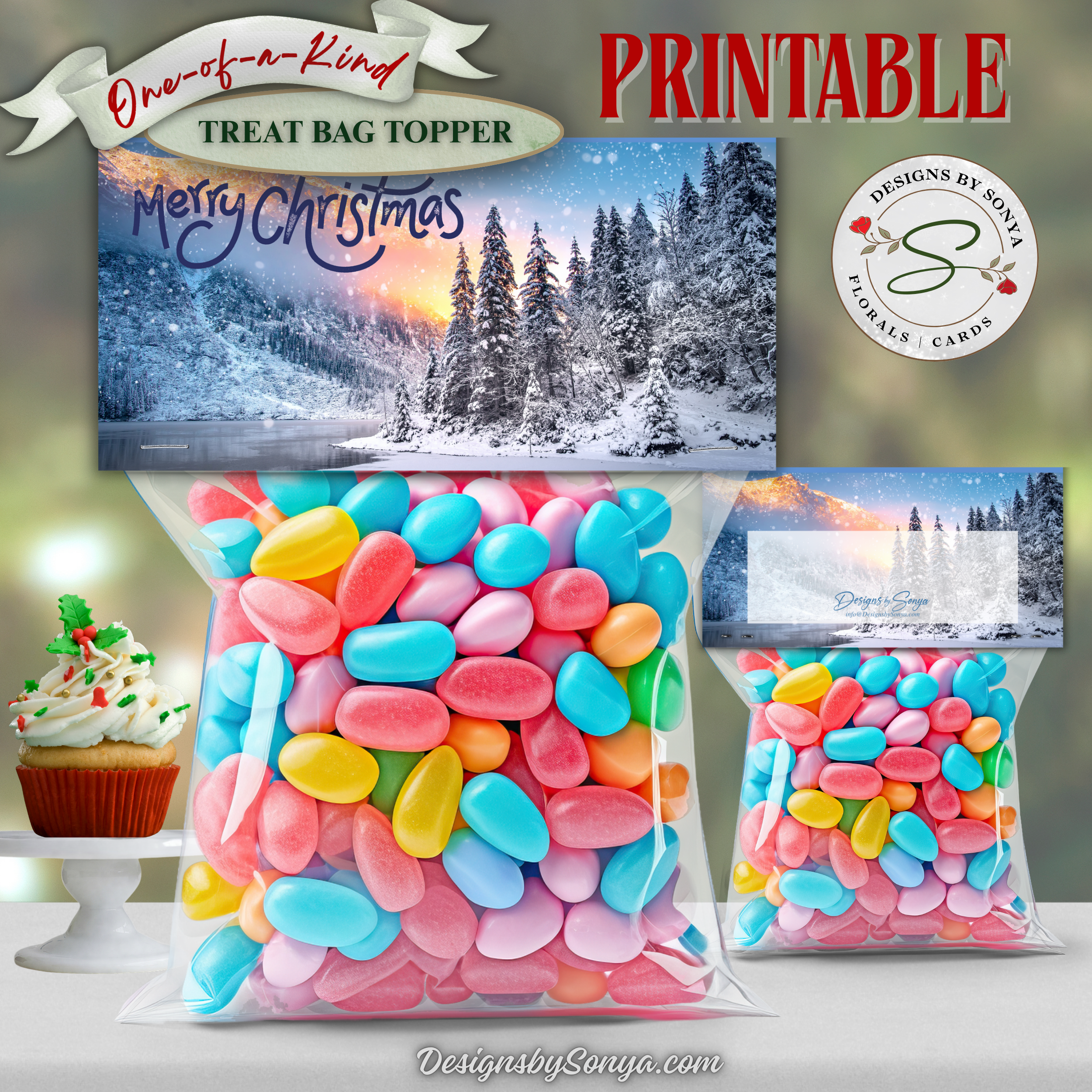 Front & Back Snowy Forest Topper
Printable topper featuring “Merry Christmas” text with snowy pines and mountain sunset; shown on colorful candy bags.