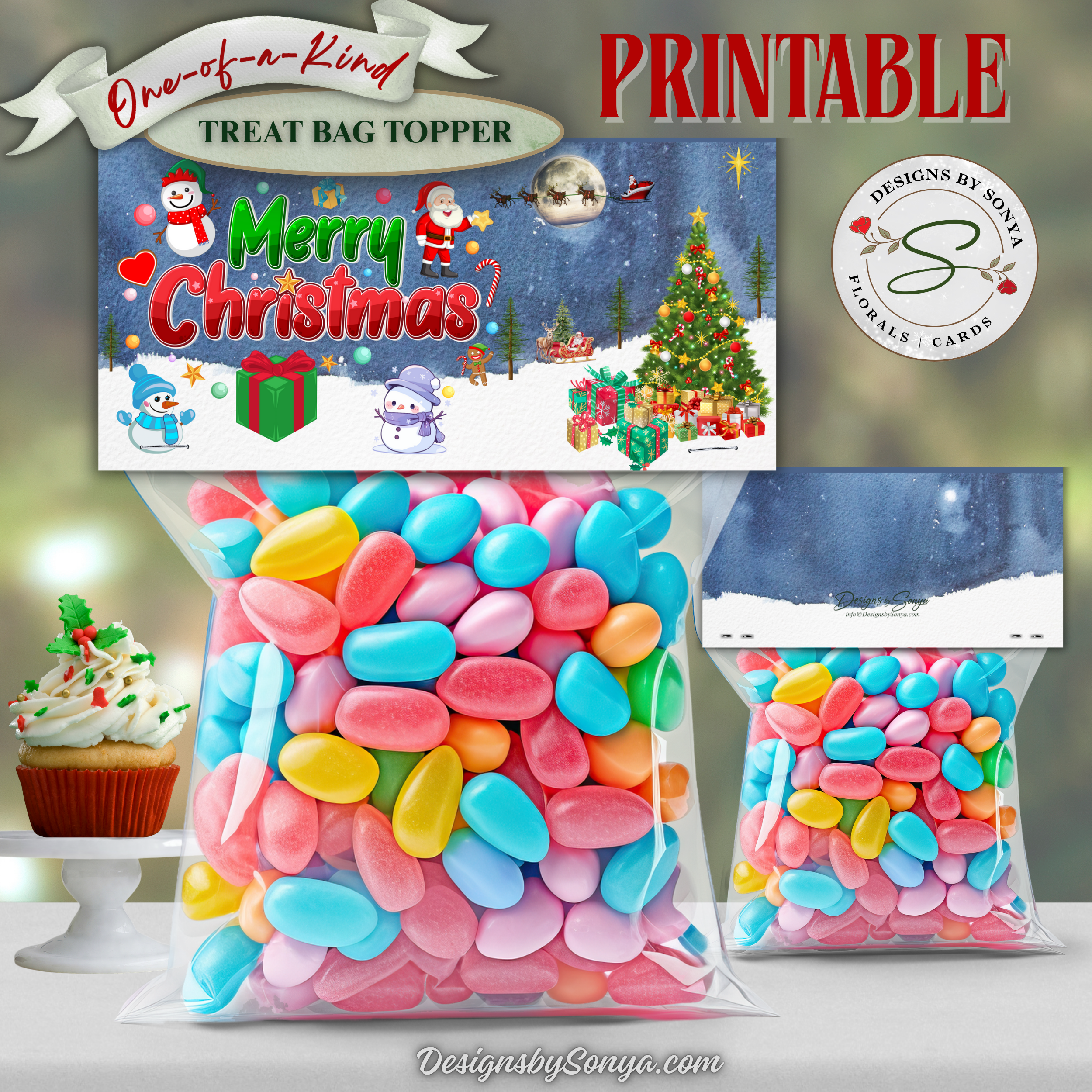 Turn simple sweets into a wow-worthy Christmas surprise. Dress up candy, cookies, or small gifts with this festive Merry Christmas treat bag topper featuring Santa, snowmen, a twinkling tree, and a snowy night sky. It’s a fast, affordable way to add heartfelt polish to teacher gifts, neighbor drops, party favors, and stocking stuffers.

Crisp, professional results at home or your favorite print shop. Finished size is 4" x 2" after folding; designed to fit standard 4" x 4" resealable snack bags. Prints on 8.