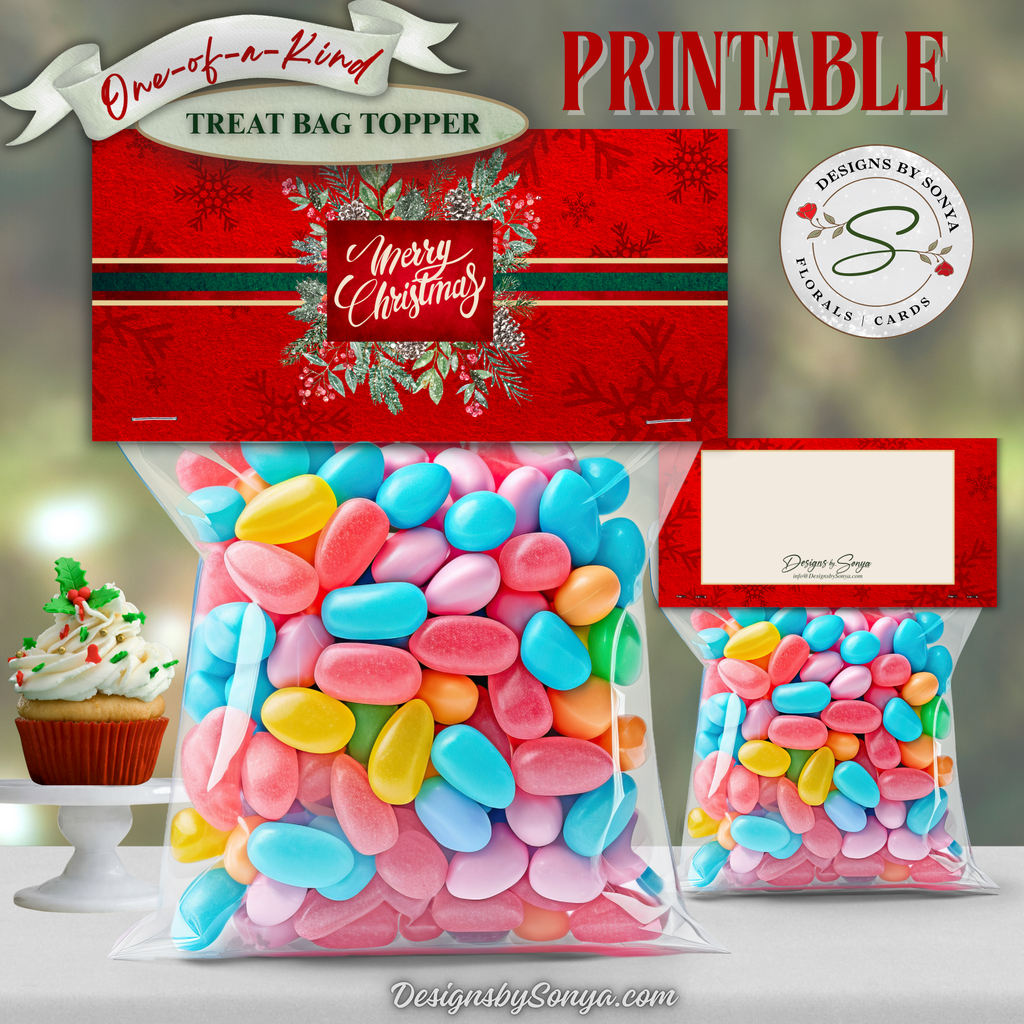 One-of-a-Kind Treat Bag Topper Front & Back
Red wreath “Merry Christmas” printable treat bag topper shown on a filled candy bag; includes matching back panel for writing a note; instant download, 4x2 inches after folding; DIY holiday favor for candy and cookies.
