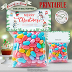 Snowman Merry Christmas Topper Front & Back
Printable 4x2 snowman treat bag topper with winter pine borders and “Merry Christmas and Happy New Year” greeting; shown on filled bags with matching back panel; instant download DIY holiday favor.