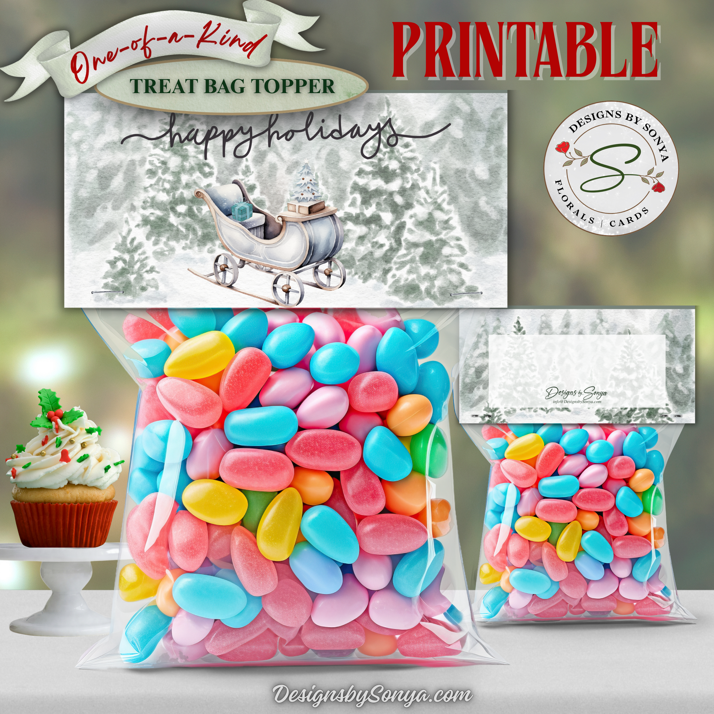 Front & Back Sleigh Topper
Printable topper design with watercolor sleigh and snowy forest scene, shown on treat bags filled with colorful candy.