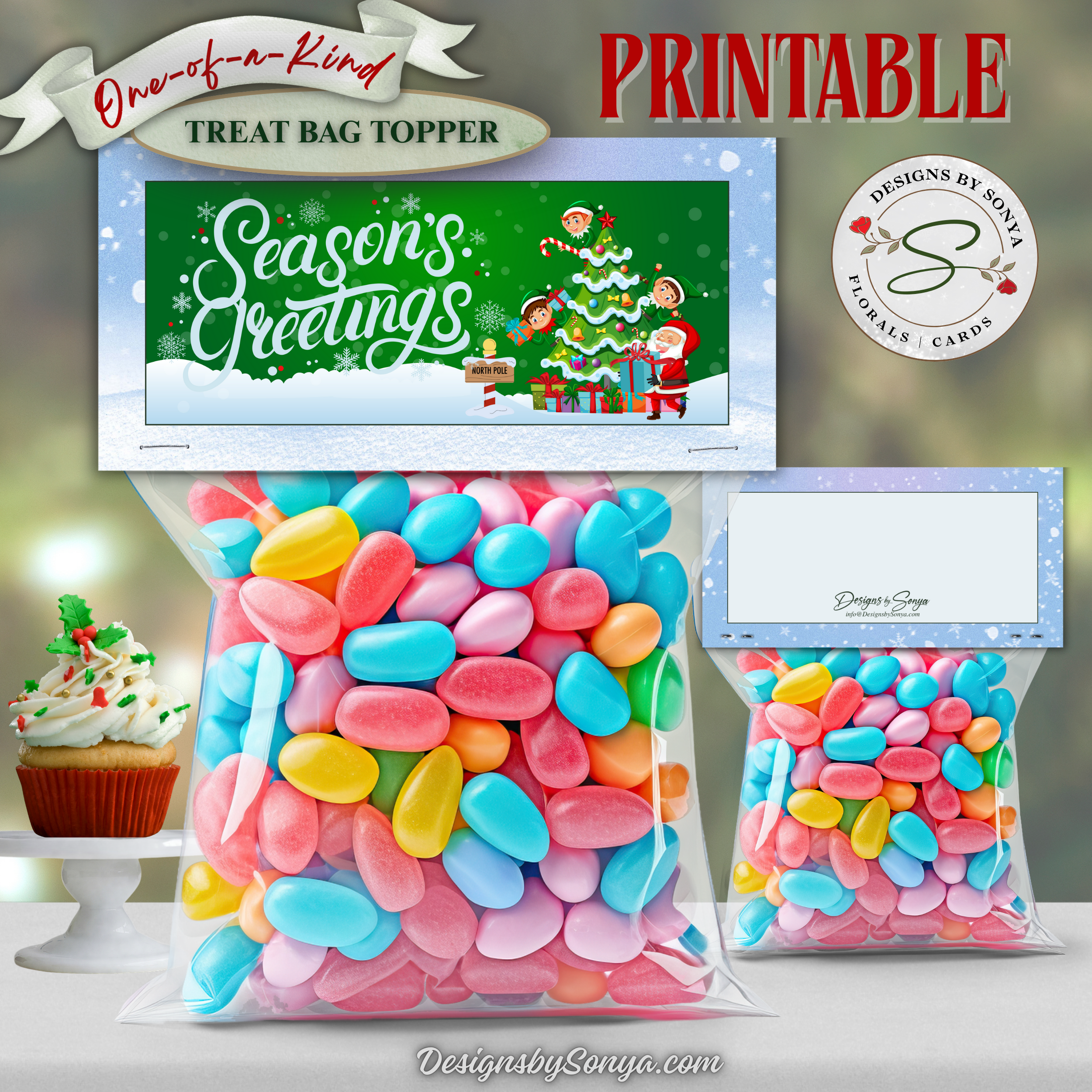 Treat Bag Topper with Candy
Printable “Season’s Greetings” Christmas treat bag topper displayed on a filled candy bag, featuring Santa, elves, and holiday tree design, sized 4x2 inches folded.
