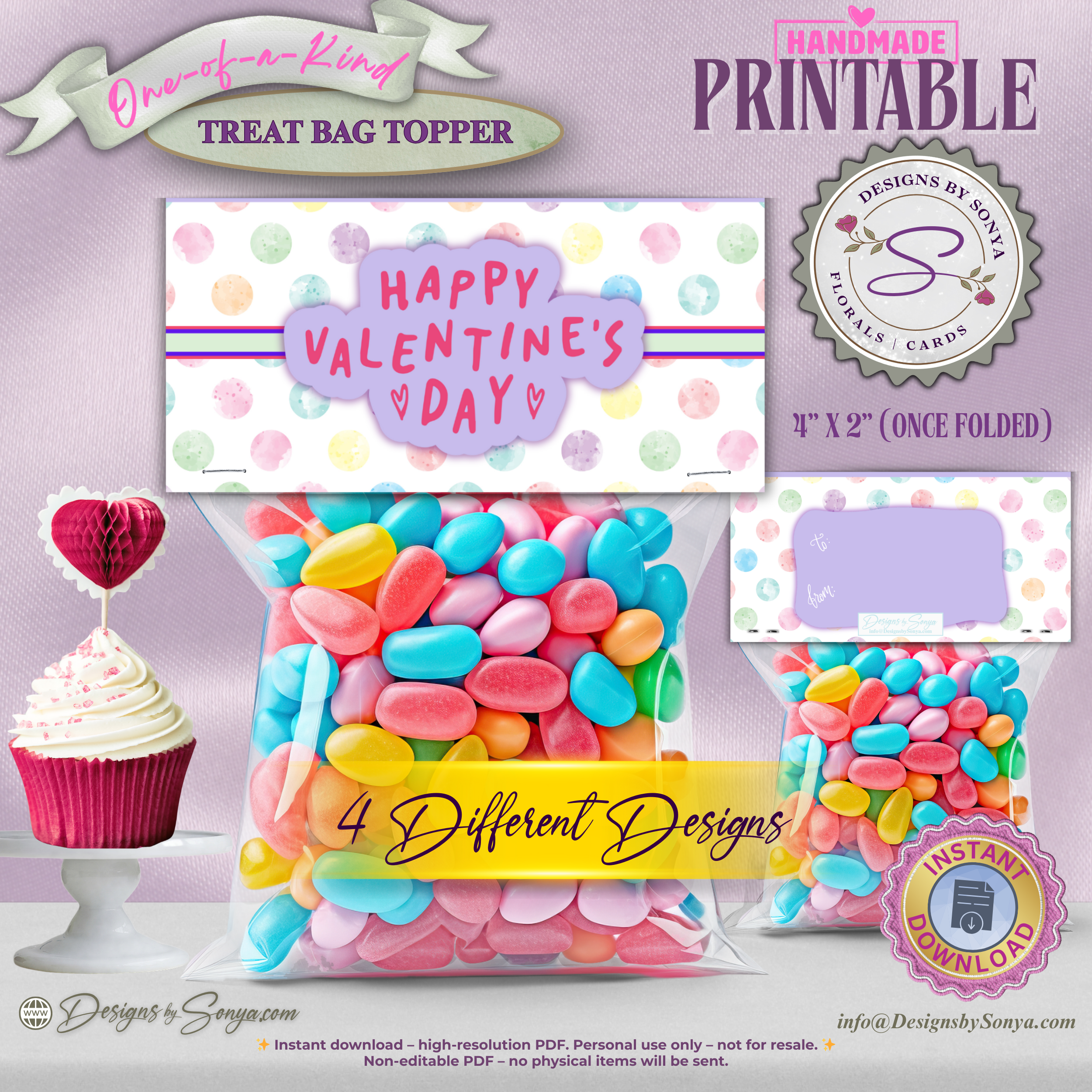 Printable Valentine’s Day Treat Bag Toppers – Set of 4 Cute Classroom Party Favor Labels – DIY Candy Gift Tags for Kids, Teachers & Friends