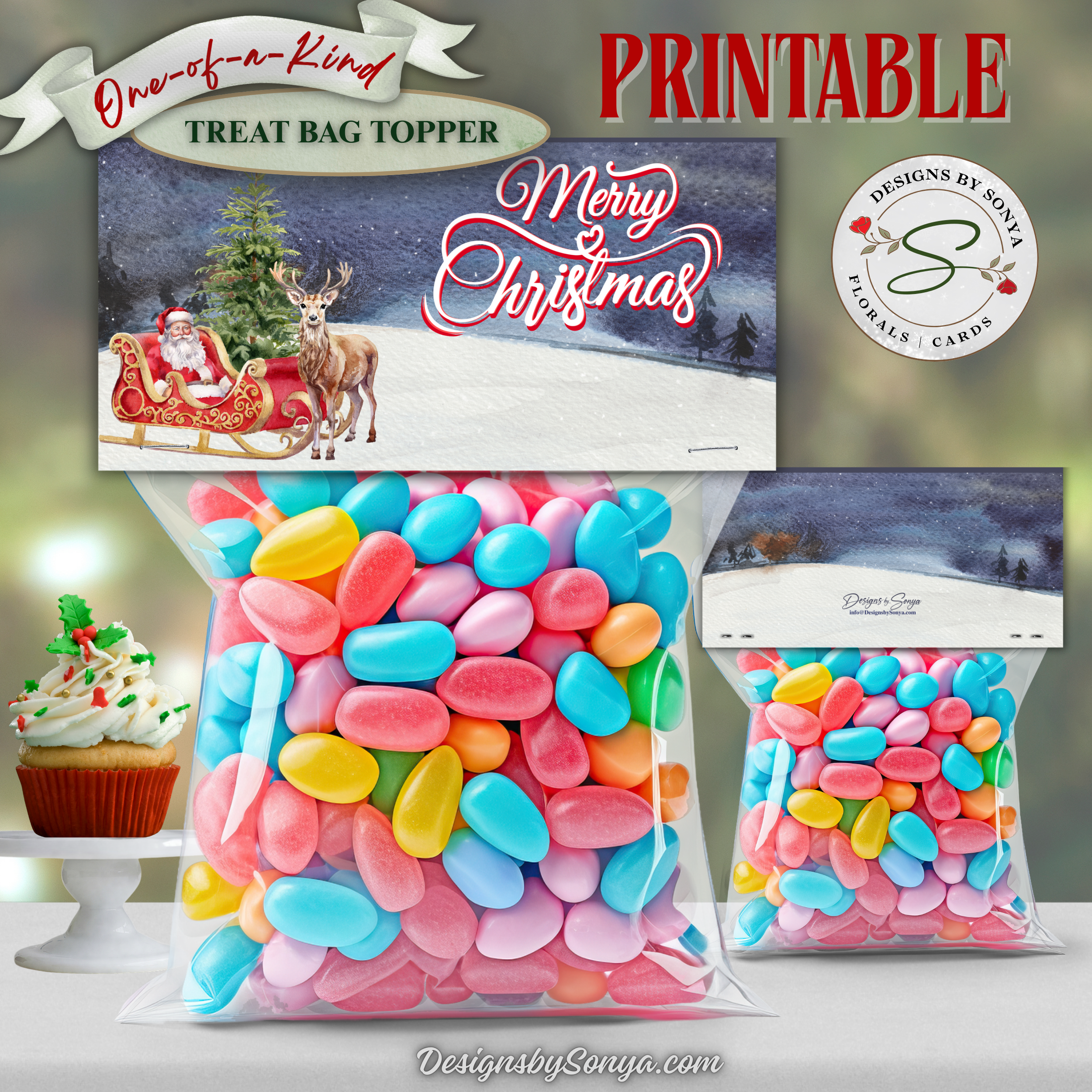 One-of-a-Kind Treat Bag Topper Front & Back
Christmas printable treat bag topper featuring Santa in a sleigh with a reindeer in a snowy winter scene. The 4x2 inch topper folds over bag tops for festive candy or cookie favors.