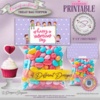 Kids Valentine’s Day Treat Bag Toppers – Printable Classroom Party Favor Set of 4 – Cute Children’s Candy Bag Labels – 4"x2" Folded Topper PDF