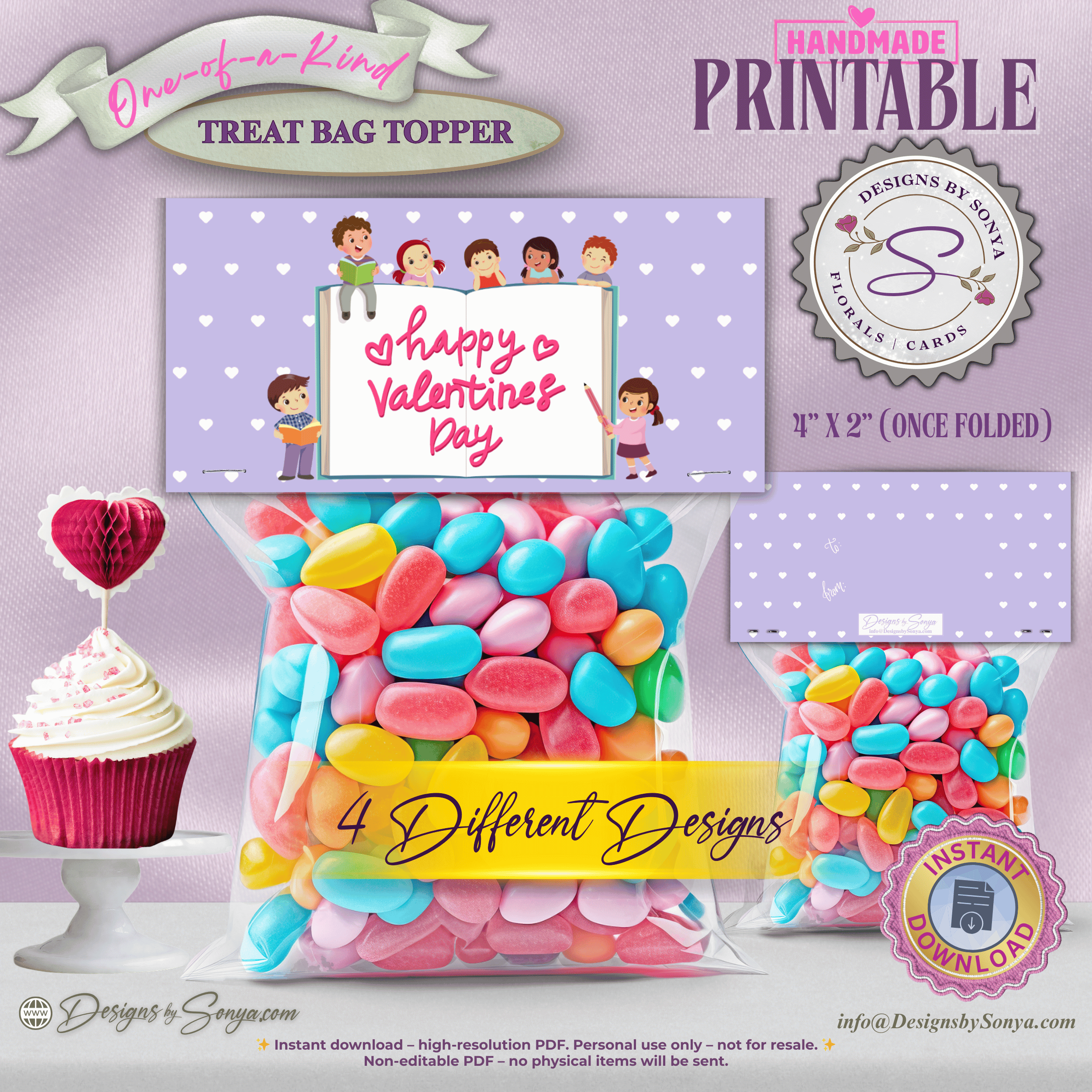 Kids Valentine’s Day Treat Bag Toppers – Printable Classroom Party Favor Set of 4 – Cute Children’s Candy Bag Labels – 4"x2" Folded Topper PDF