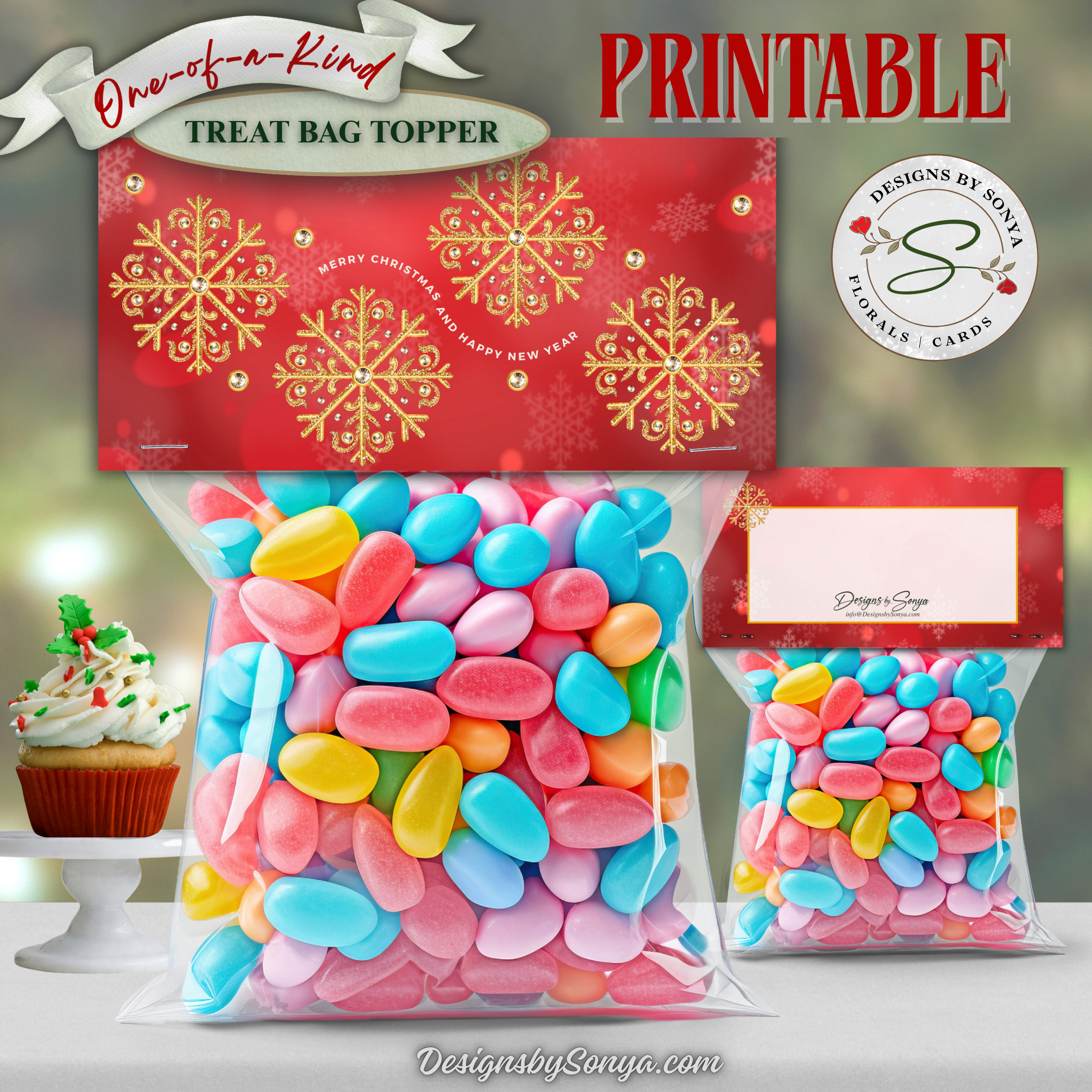 Front & Back Snowflake Topper
Printable Christmas treat bag topper, red with gold snowflakes and tiny “Merry Christmas and Happy New Year” arc; shows front and the back write-in label. 4x2 inches finished, instant download mockup with colorful candy bags, classroom and party favor packaging.