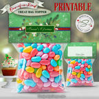 Green Season’s Greetings Topper (Front & Back)
Season’s Greetings printable bag topper in green with winter greenery and ribbon stripe; front and back shown on treat bags; instant download 4x2 after folding for Christmas favors.