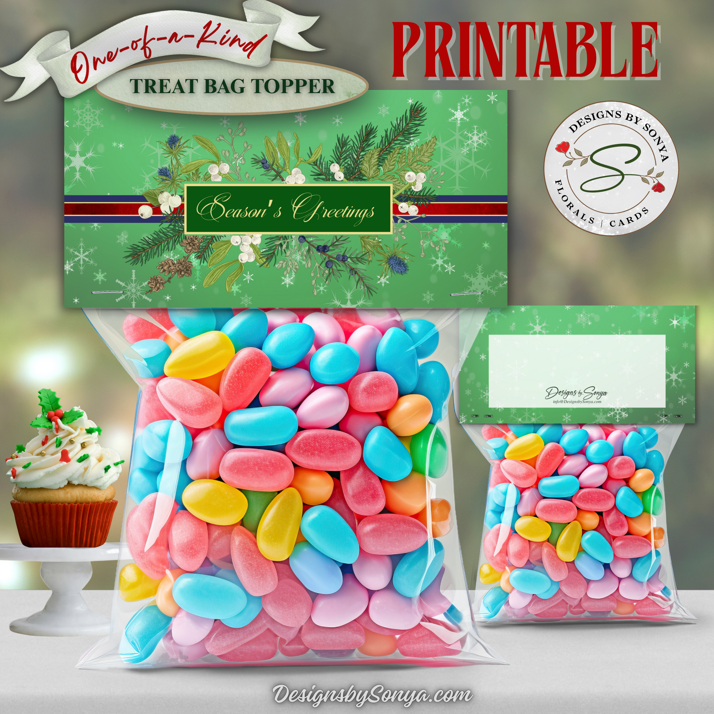 Green Season’s Greetings Topper (Front & Back)
Season’s Greetings printable bag topper in green with winter greenery and ribbon stripe; front and back shown on treat bags; instant download 4x2 after folding for Christmas favors.