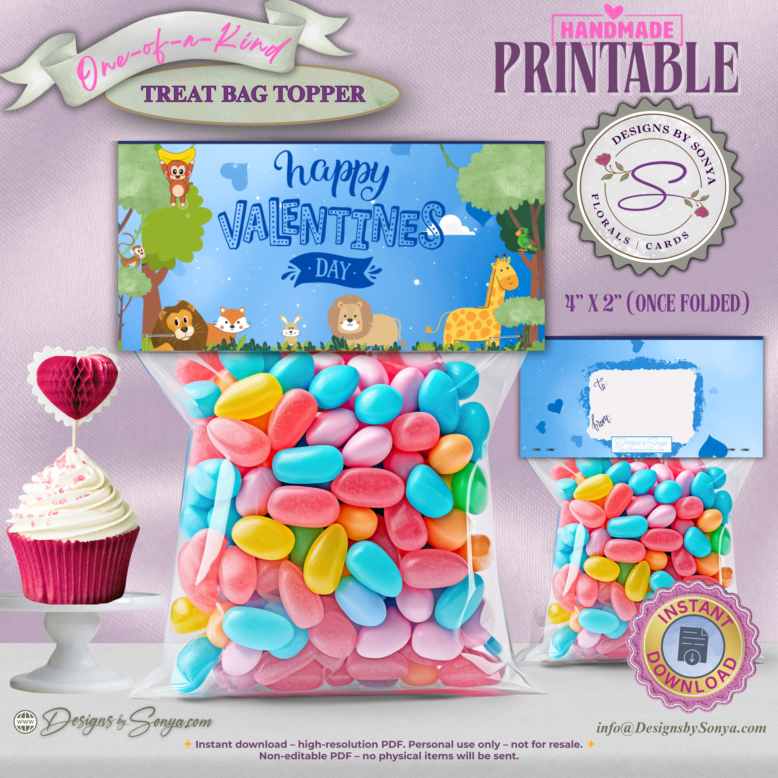 Safari Animals Valentine Treat Bag Topper Printable – Cute Classroom DIY Snack Bag Label – Kids Valentine Party Favor for Teachers & Students