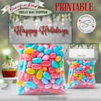 Front & Back Garland Topper
Printable “Happy Holidays” topper with pine garland and glowing Christmas lights, shown with candy-filled bags and matching back design.