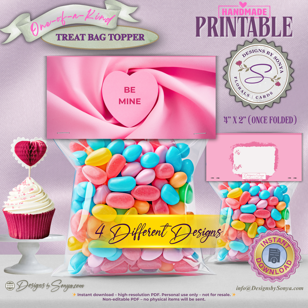 Valentine Treat Bag Toppers Printable – Set of 4 Candy Heart Designs – 4x2 Folded Labels for Classroom, Kids, Party Favors