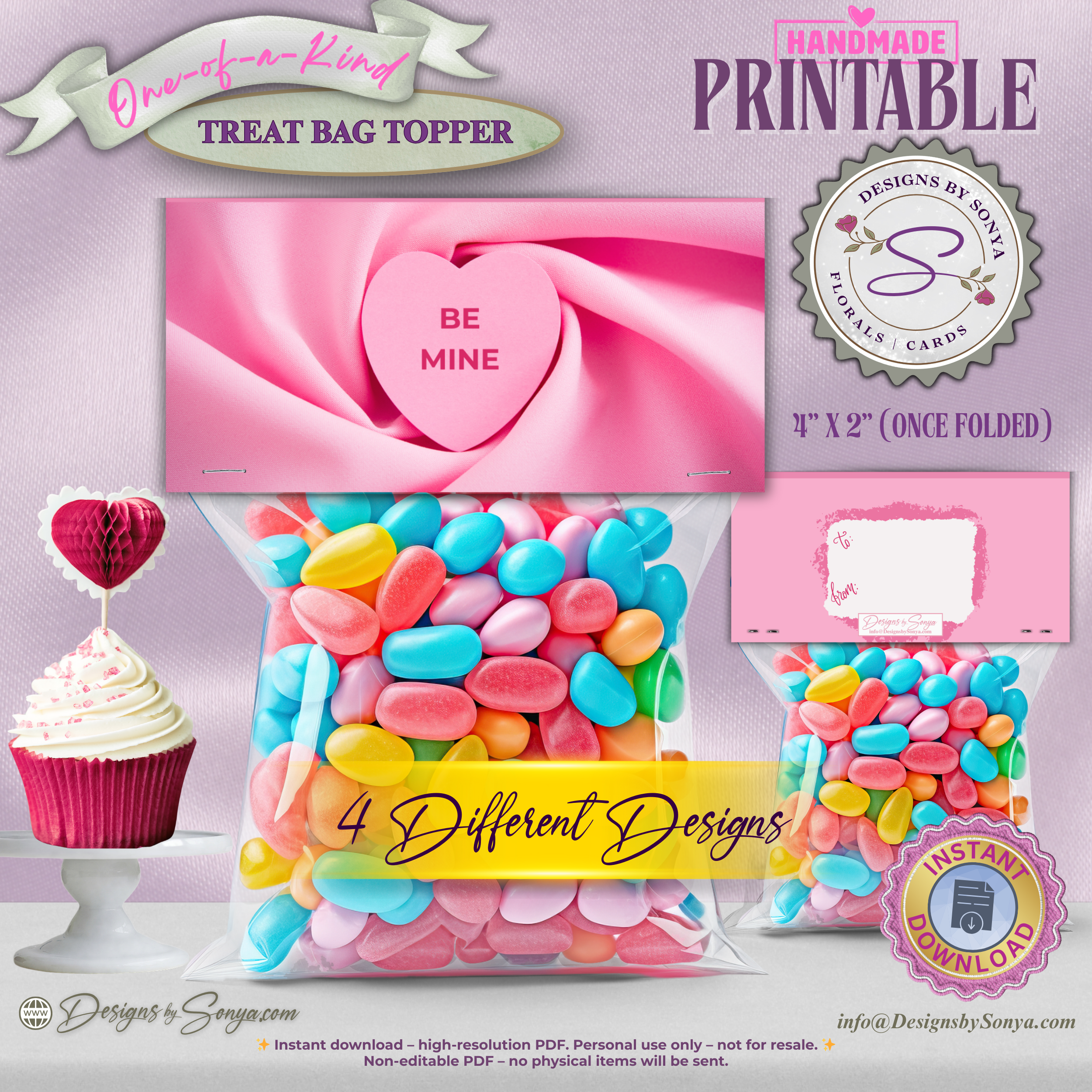 Valentine Treat Bag Toppers Printable – Set of 4 Candy Heart Designs – 4x2 Folded Labels for Classroom, Kids, Party Favors