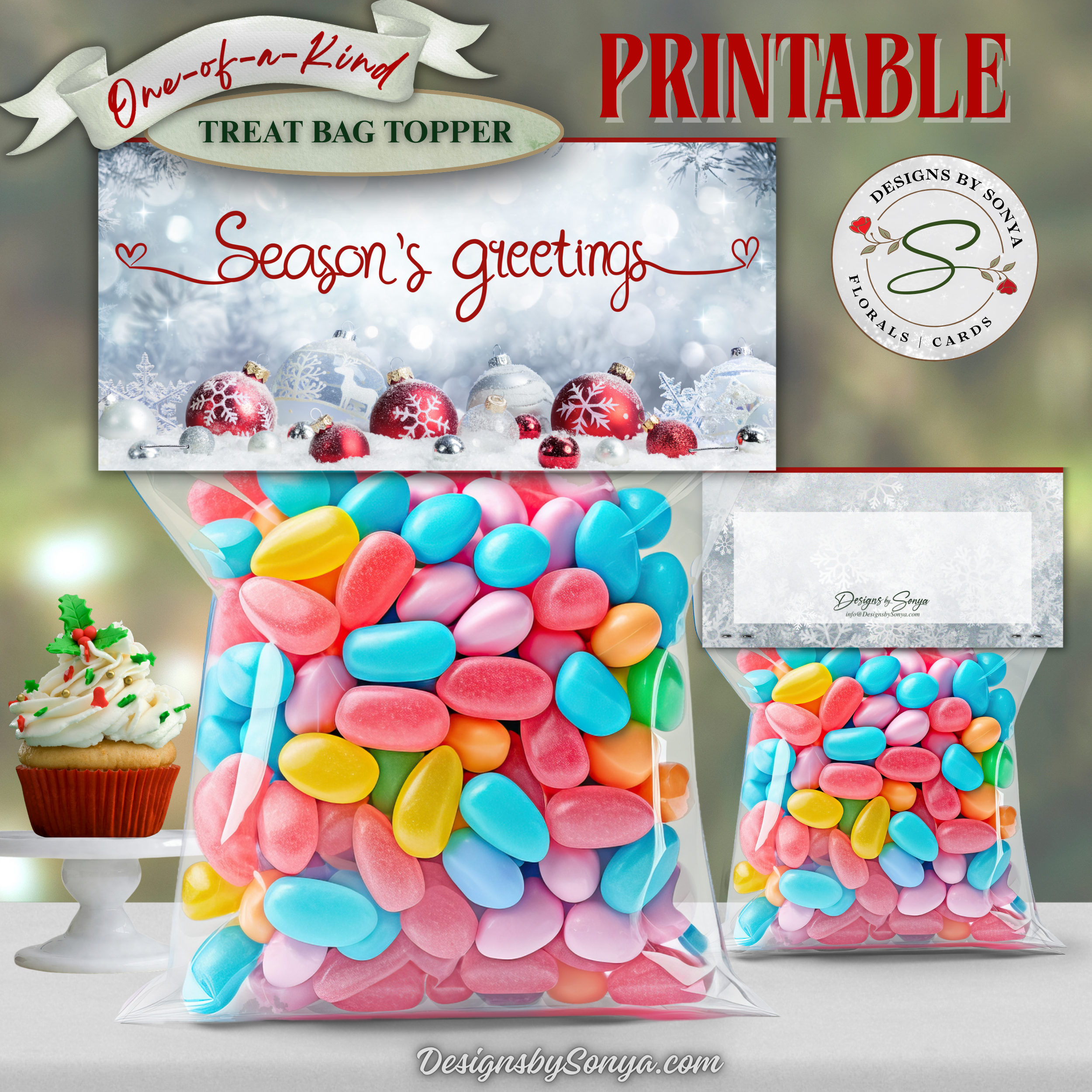 Front & Back Frosted Topper
Season’s Greetings printable topper with snowy silver background and red ornaments; front and coordinating back panel shown on colorful candy bags.