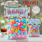 Front & Back Holiday Topper
Printable holiday treat bag topper with poinsettia, pine, and berry border; “Happy Holidays!” text on front and coordinating back design; shown on colorful candy bags.