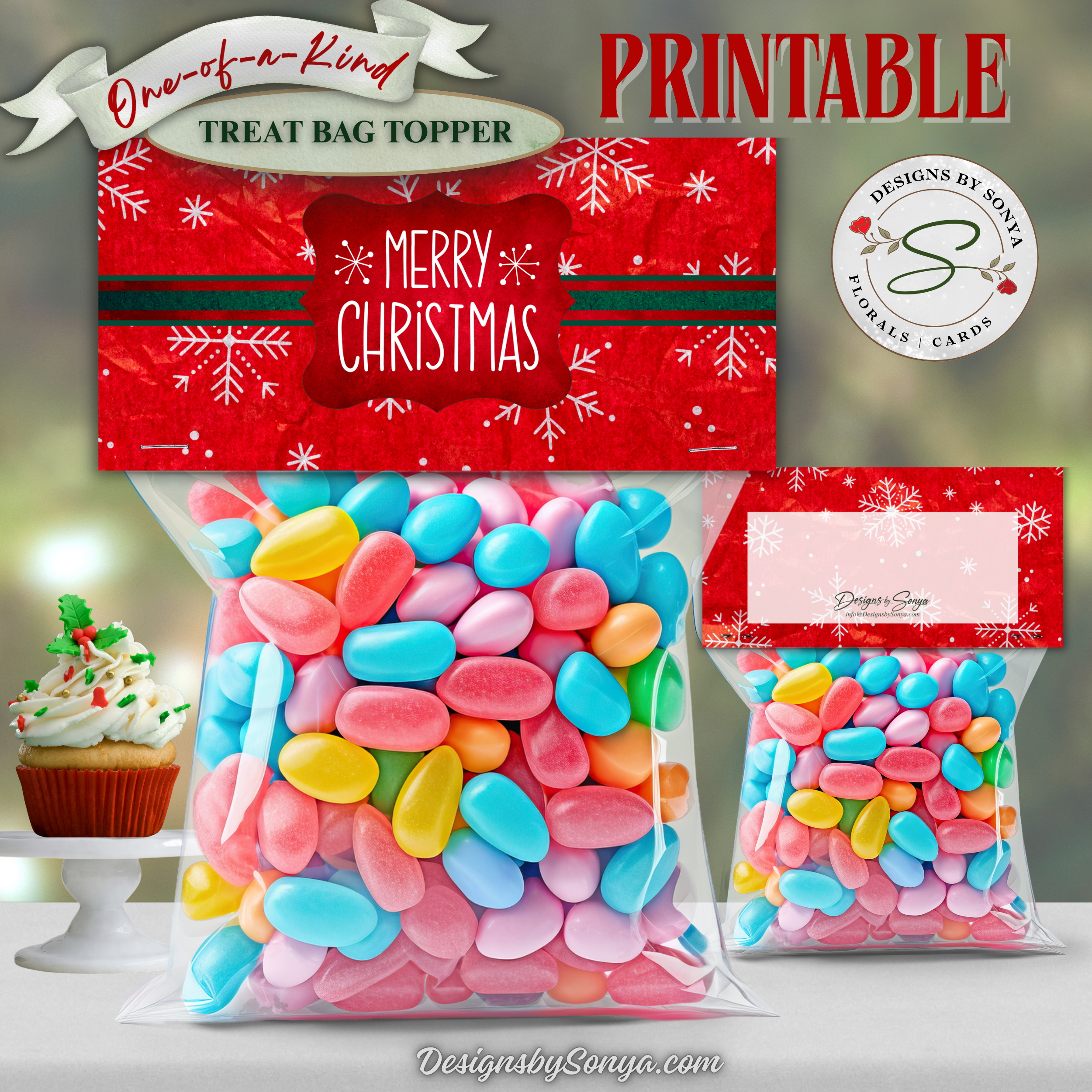 Merry Christmas Topper (Front & Back)
Red snowflake printable treat bag topper with “Merry Christmas” label and ribbon stripes; front and back shown on filled candy bags; instant download, finishes 4x2 after folding; DIY holiday favor.