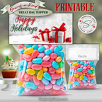 Front & Back Gift Topper
Printable “Happy Holidays” treat bag topper with silver and red gift box artwork; front greeting plus coordinating back panel shown with colorful candy bag mockup.