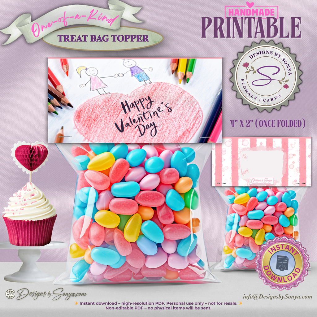 Kids Valentine Treat Bag Topper Printable – Crayon Heart Classroom Favor – 4x2" DIY Snack Bag Label for School Parties & Teachers Gift