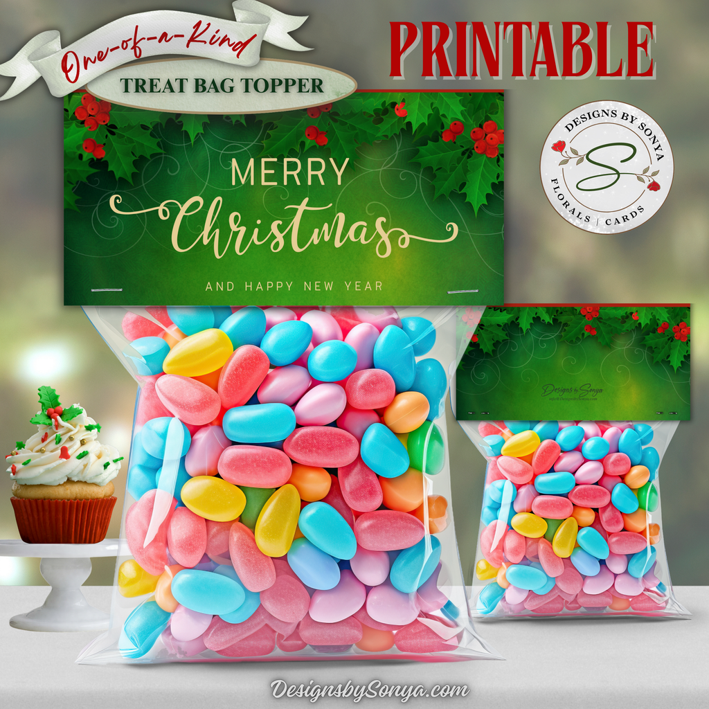 Front & Back Holly Topper
Printable green Christmas treat bag topper with festive holly leaves and red berries, “Merry Christmas and Happy New Year” text; shows front and back label design with candy bag mockup.