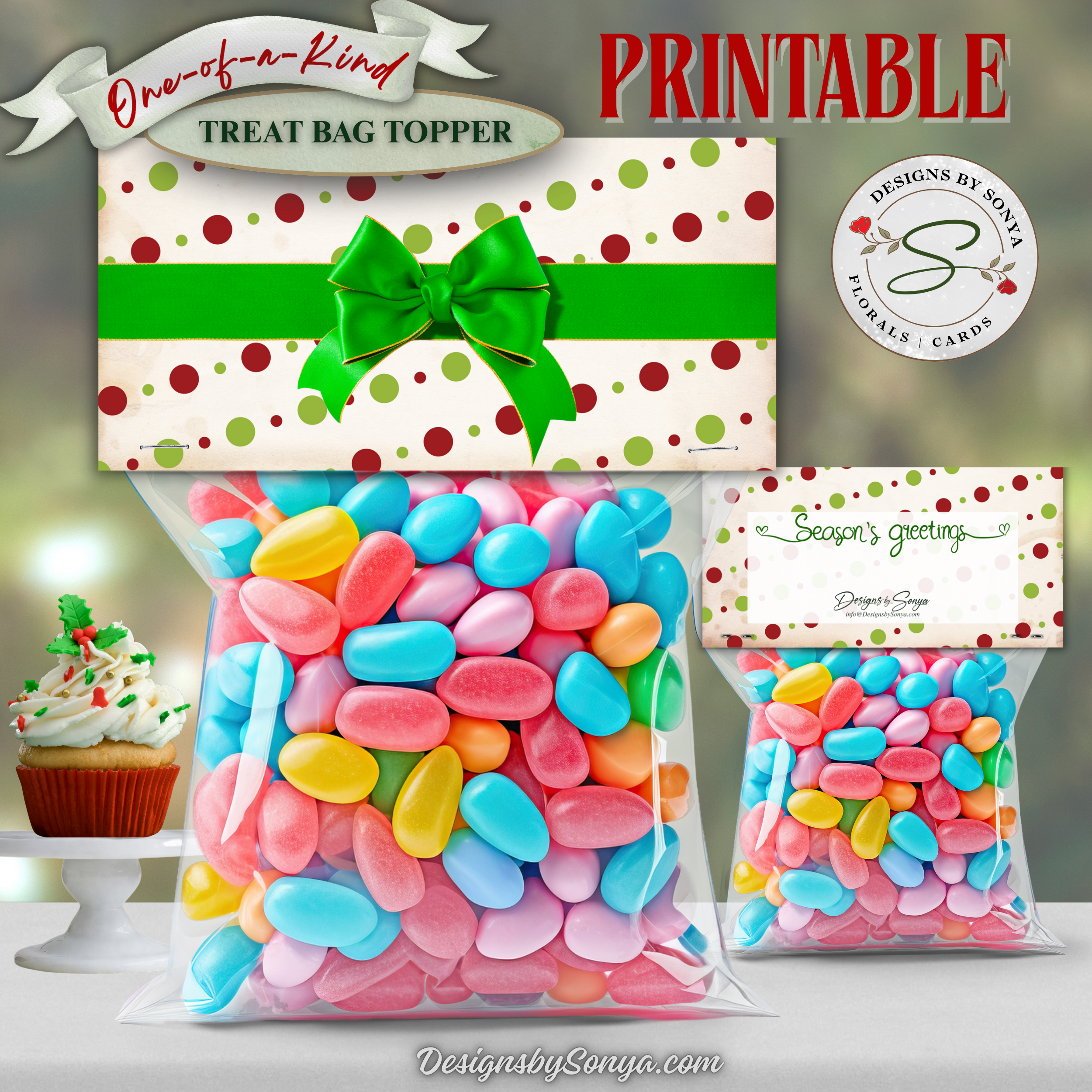 Front & Back View
Printable “Season’s Greetings” treat bag topper with red-and-green polka dots, bright green bow, and text on the back. Displayed on candy-filled bags.