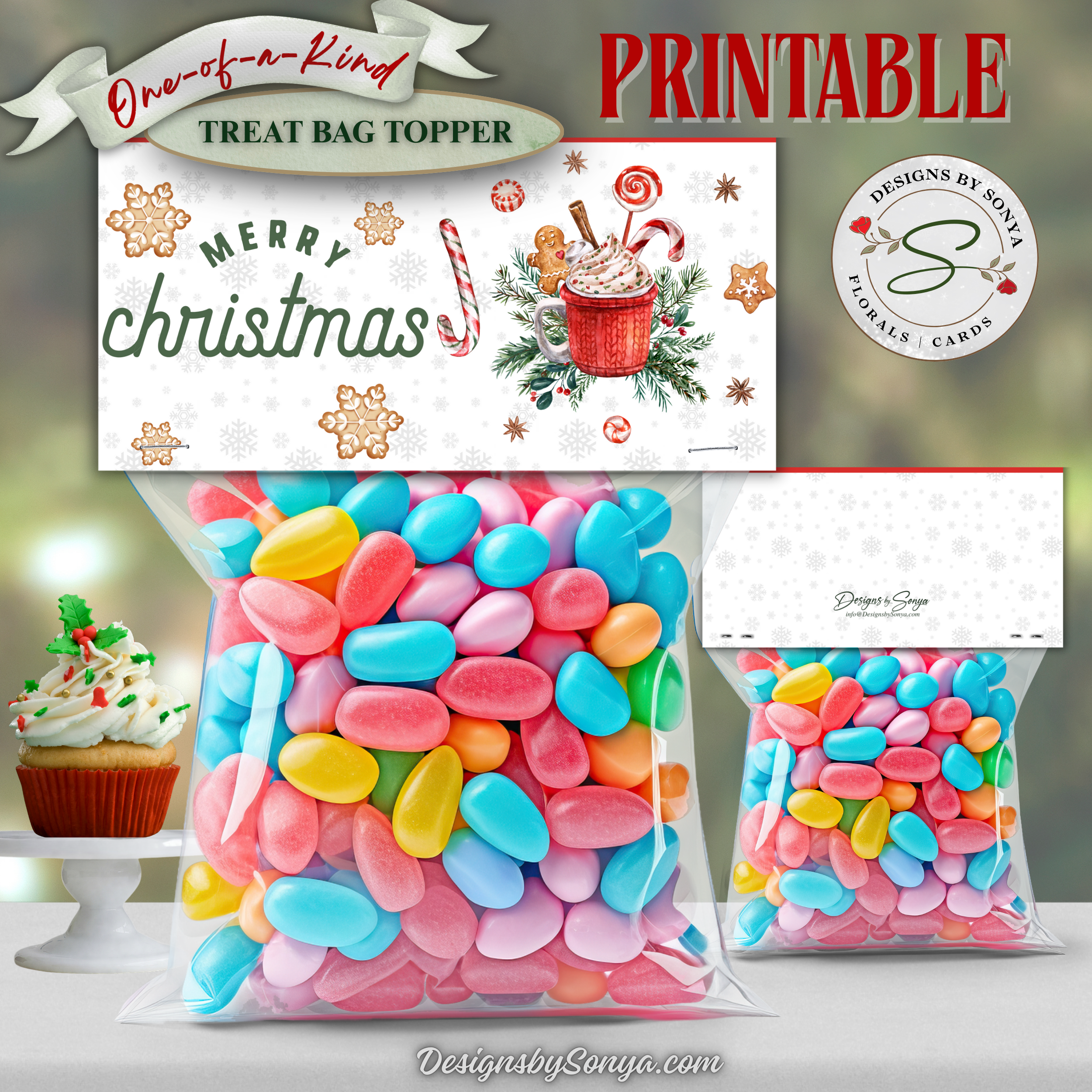 Front & Back Cocoa Topper
Printable Merry Christmas topper with gingerbread, candy canes, and cocoa mug design; shown on colorful candy bags with coordinating back panel.