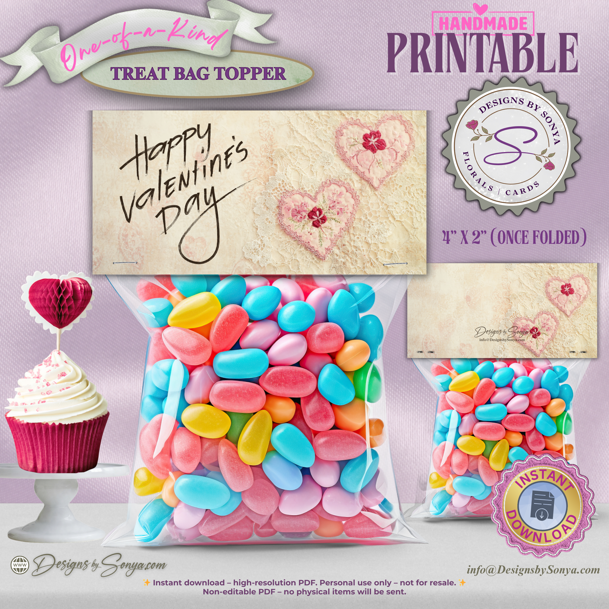 Vintage Valentine Printable Treat Bag Topper – Happy Valentine’s Day Candy Bag Topper for Classroom Treats, Teachers & Neighbors – 4"x2" Folded