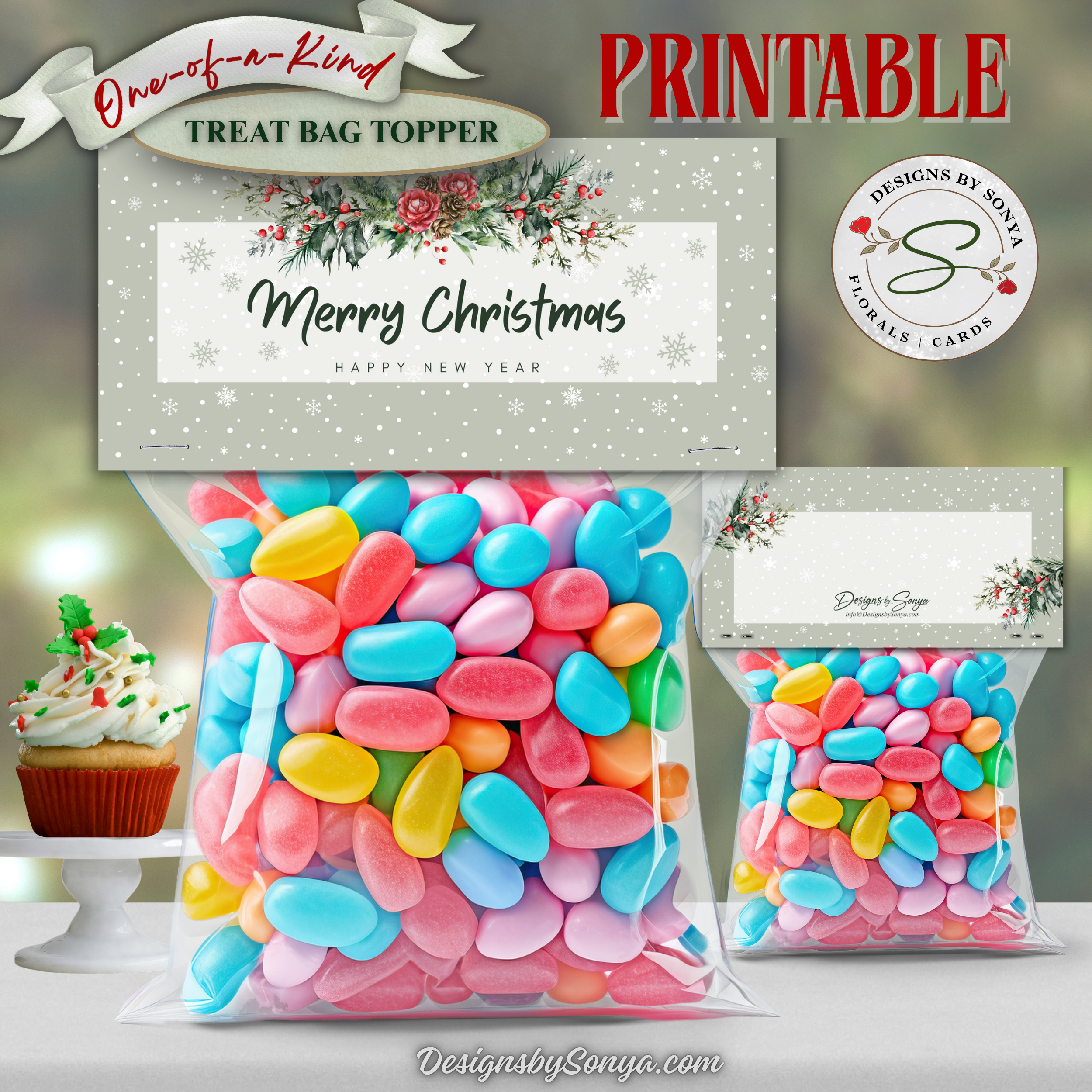 Front & Back Rustic Topper
Gray and white snowflake background with rustic floral greenery and red berries; Merry Christmas message topper on candy bag; back side has write-in label; 4x2 inches finished size printable.