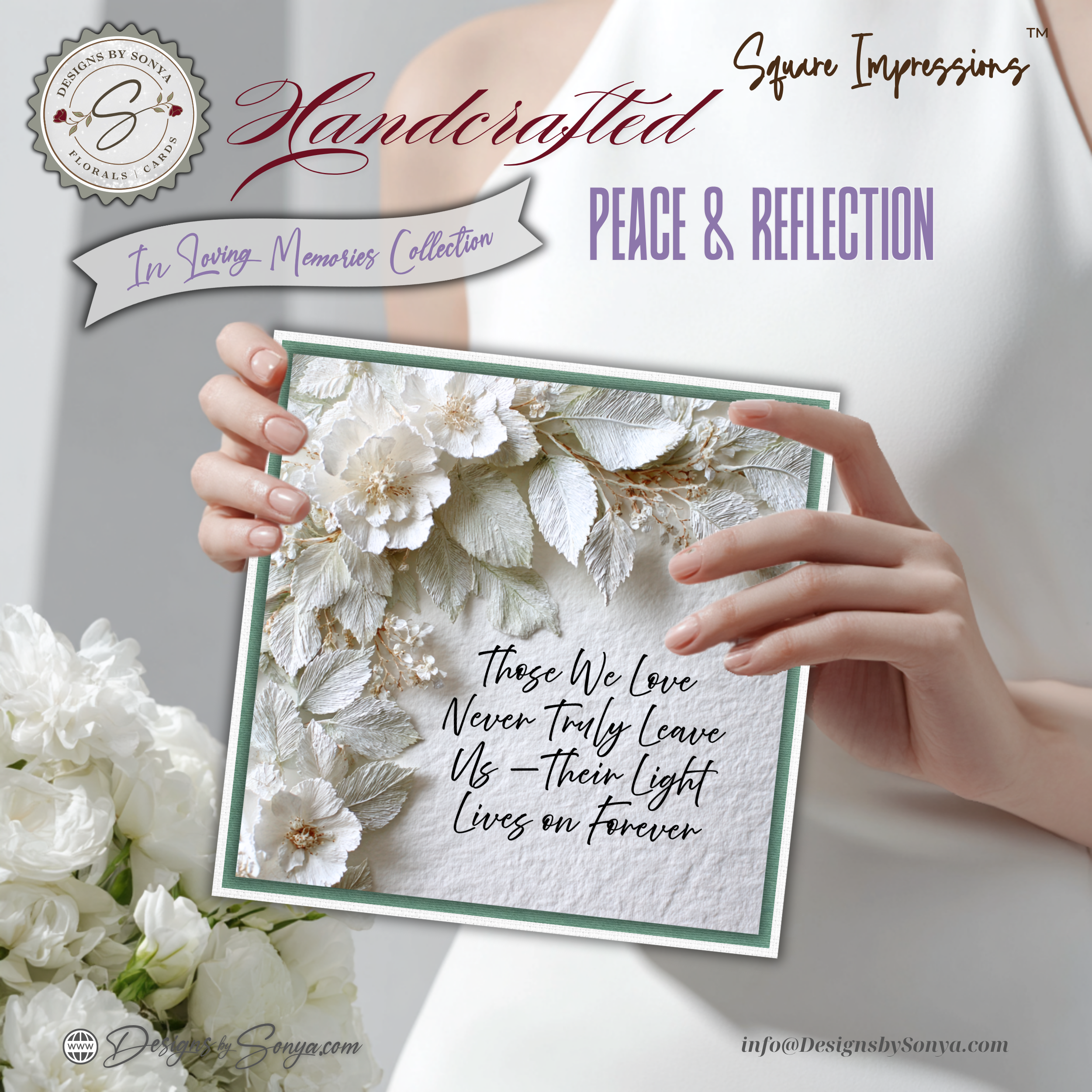 Handcrafted Square Sympathy Card – Peace & Reflection Florals, Memorial Condolence Card with Lined Coordinated Envelope, In Loving Memory Keepsake Gift