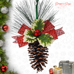 Pinecone Ornament with Red Bow
Handmade pinecone Christmas ornament decorated with glittered red bow, faux holly leaves, red berries, and pine sprigs against a festive holiday backdrop.