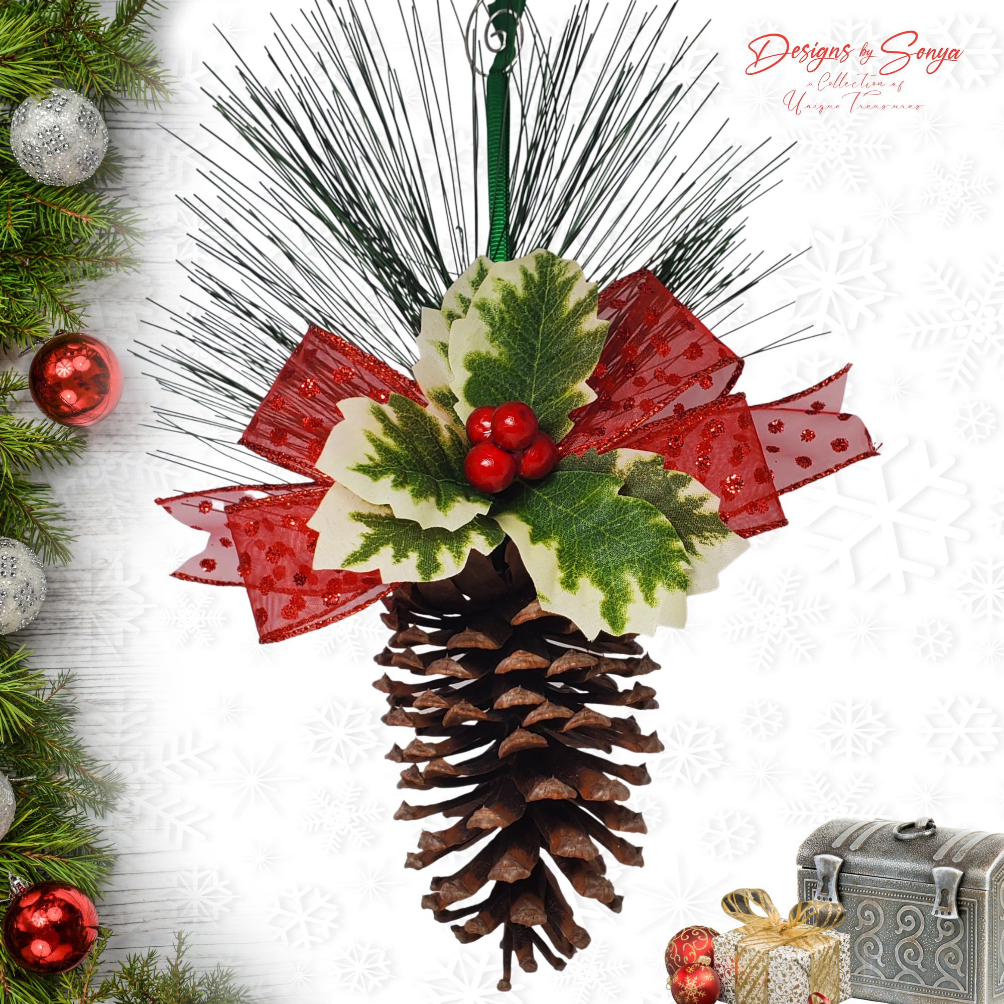 Pinecone Ornament with Red Bow
Handmade pinecone Christmas ornament decorated with glittered red bow, faux holly leaves, red berries, and pine sprigs against a festive holiday backdrop.