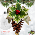 Pinecone Ornament, Holly & Bell on White
Handmade pinecone Christmas ornament with variegated holly leaves, red berries, burlap ribbon and a gold jingle bell, hung by a green loop beside a frosted white bauble; rustic farmhouse holiday décor.