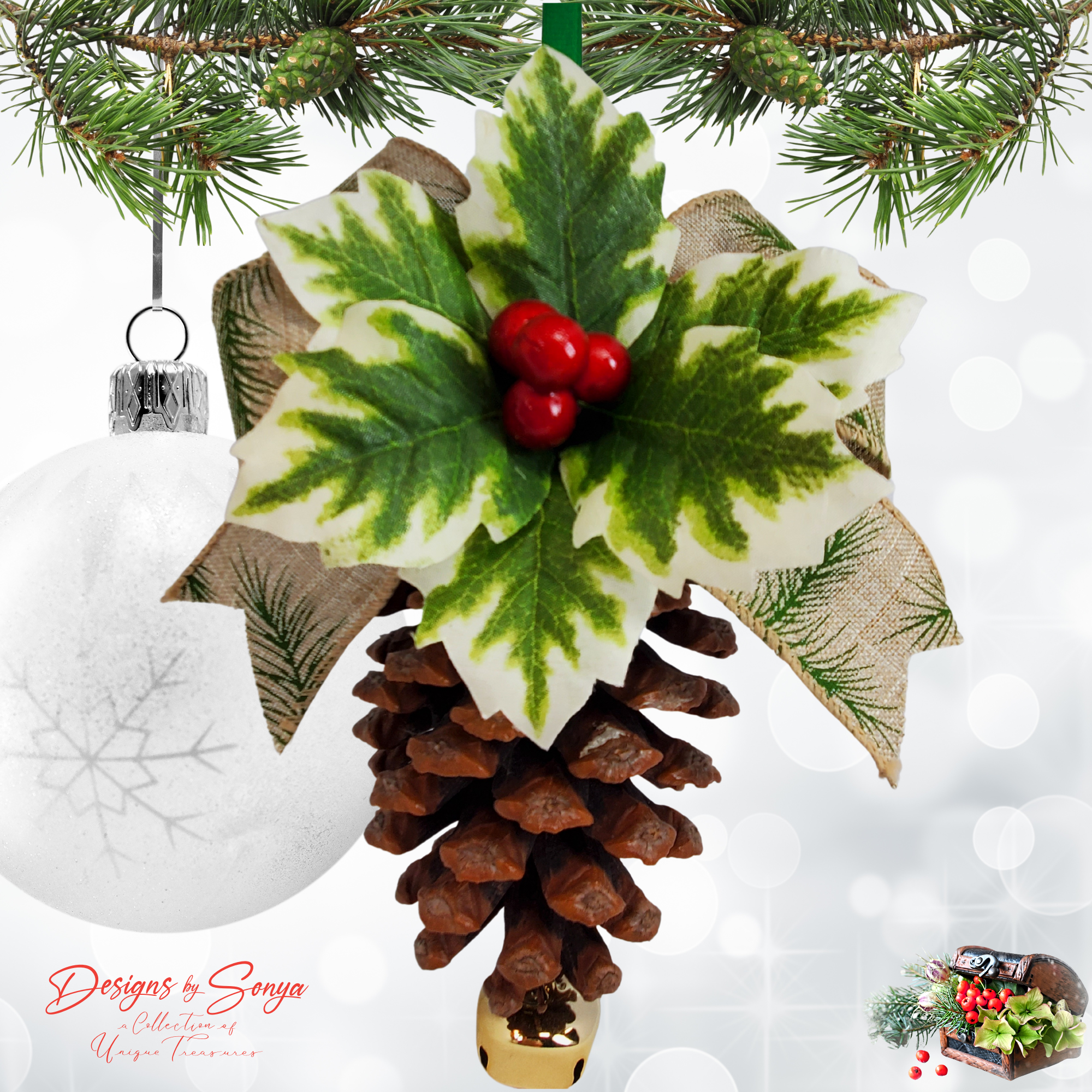 Pinecone Ornament, Holly & Bell on White
Handmade pinecone Christmas ornament with variegated holly leaves, red berries, burlap ribbon and a gold jingle bell, hung by a green loop beside a frosted white bauble; rustic farmhouse holiday décor.
