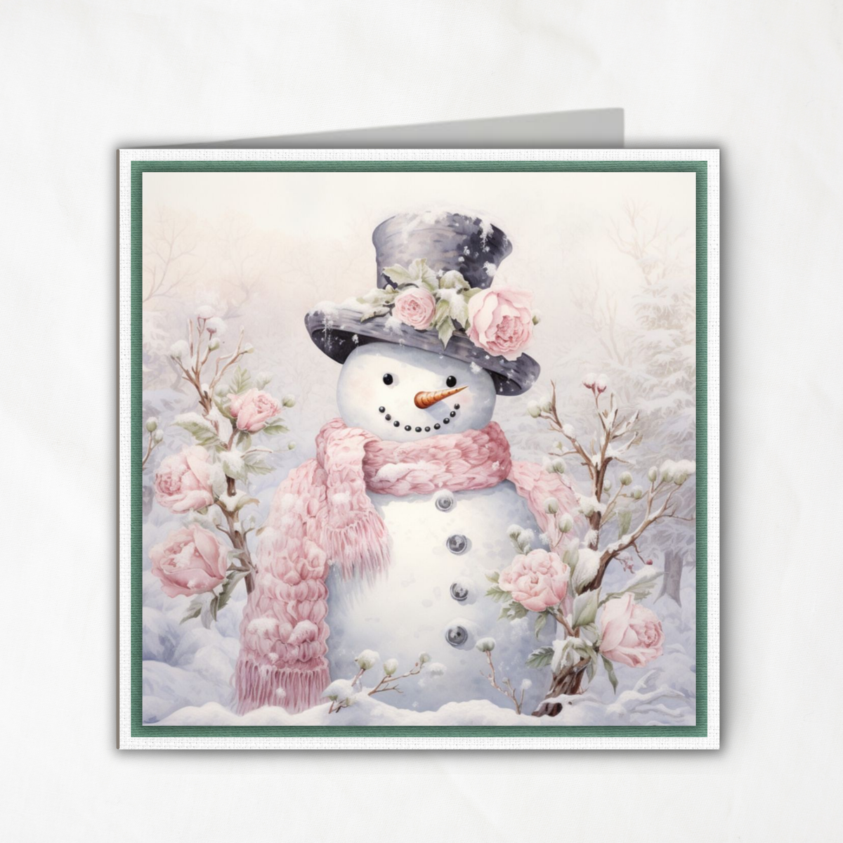 Printable Pink Snowman Christmas Card | Square Floral Holiday Card | 5.5” Square | Envelope Liner | Instant Download | Pastel Winter Note Card