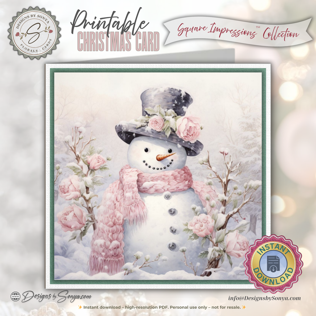 Printable Pink Snowman Christmas Card | Square Floral Holiday Card | 5.5” Square | Envelope Liner | Instant Download | Pastel Winter Note Card