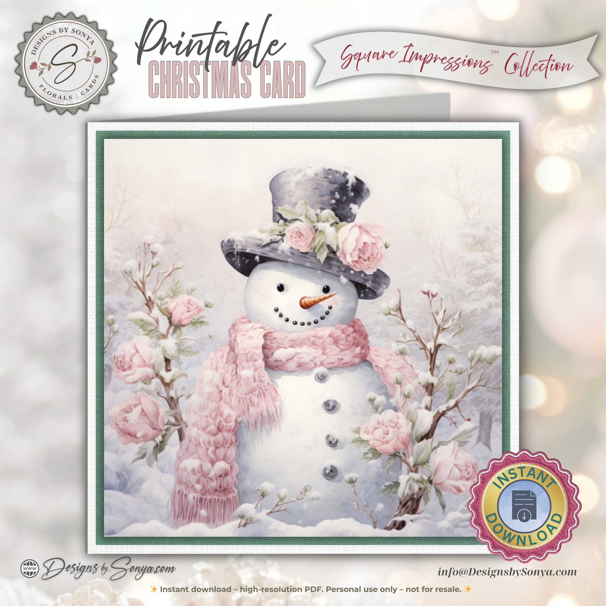 Printable Pink Snowman Christmas Card | Square Floral Holiday Card | 5.5” Square | Envelope Liner | Instant Download | Pastel Winter Note Card